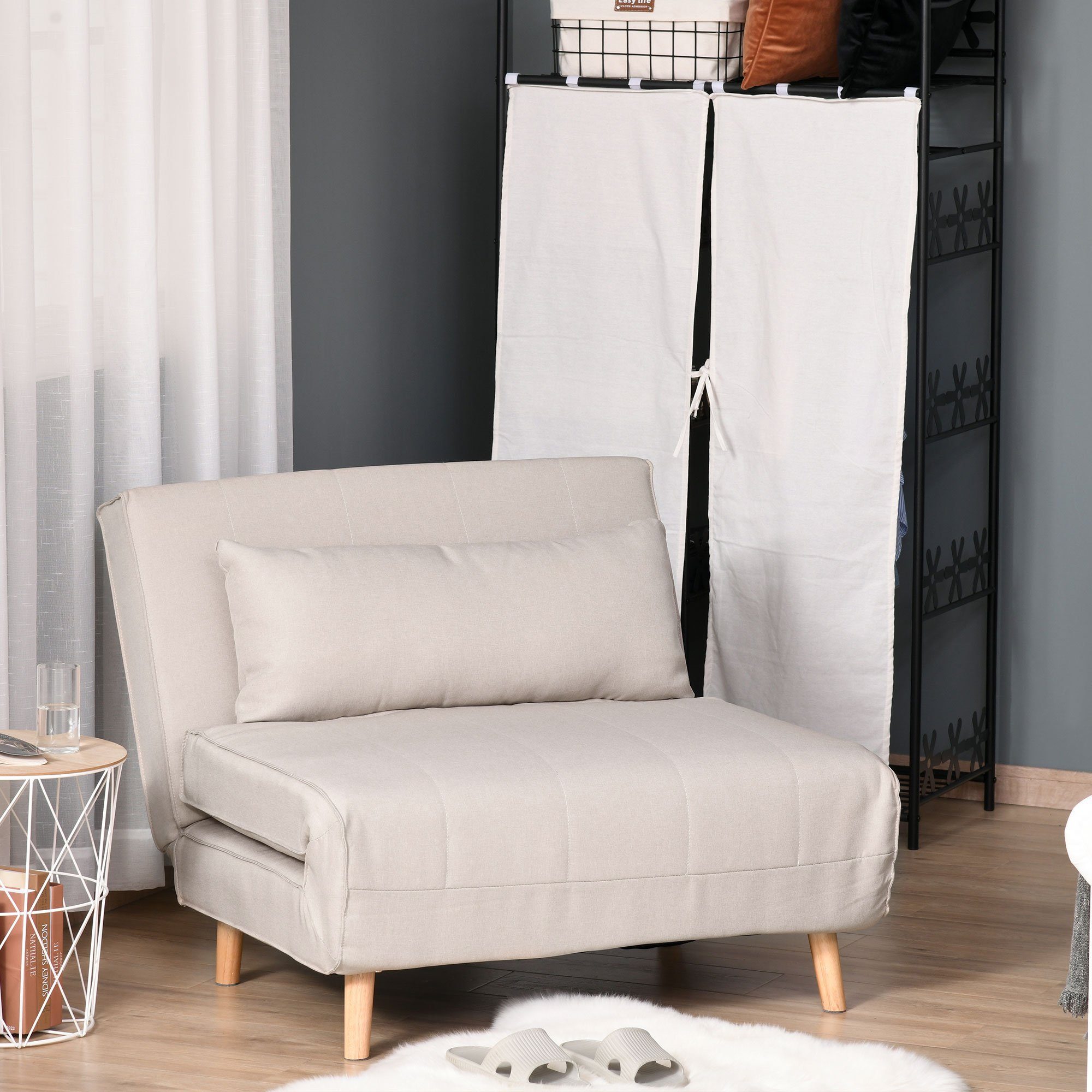 HOMCOM Sessel Rückenlehne Liege, Leinenimitat Tannenholz, Cremeweiß, 94 x 78 x 80 cm (2-Sitzer Sofa, 1-St., 1 x Einzelschlafsofa), mit Bettfunktion – Bild 2 von 5