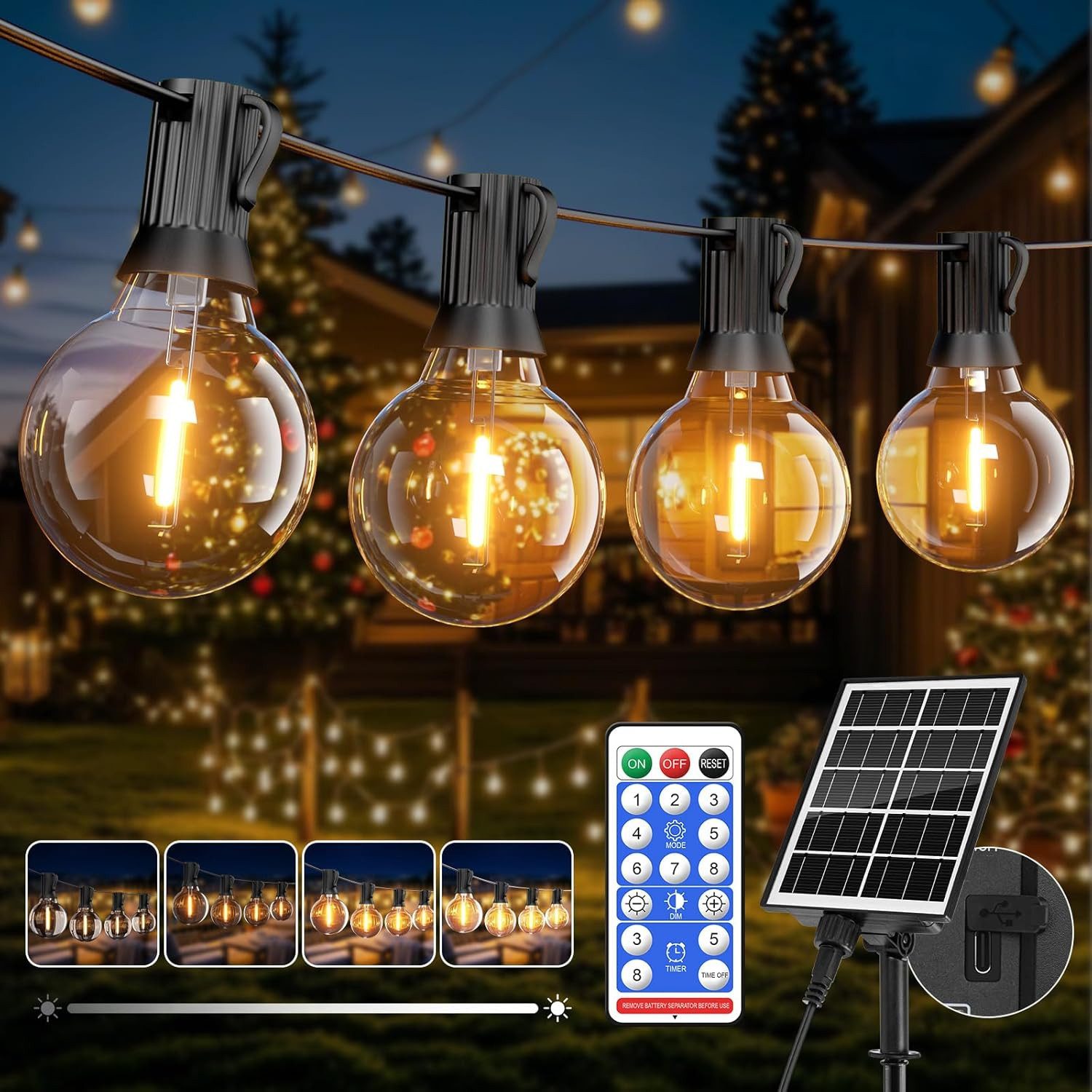 Athlix LED-Lichterkette Solar-LED-Outdoor-Lichterkette mit Fernbedienung G40-Lampen, Vielseitige Lichtmodi, wasserdicht, IP65-Zertifizierung