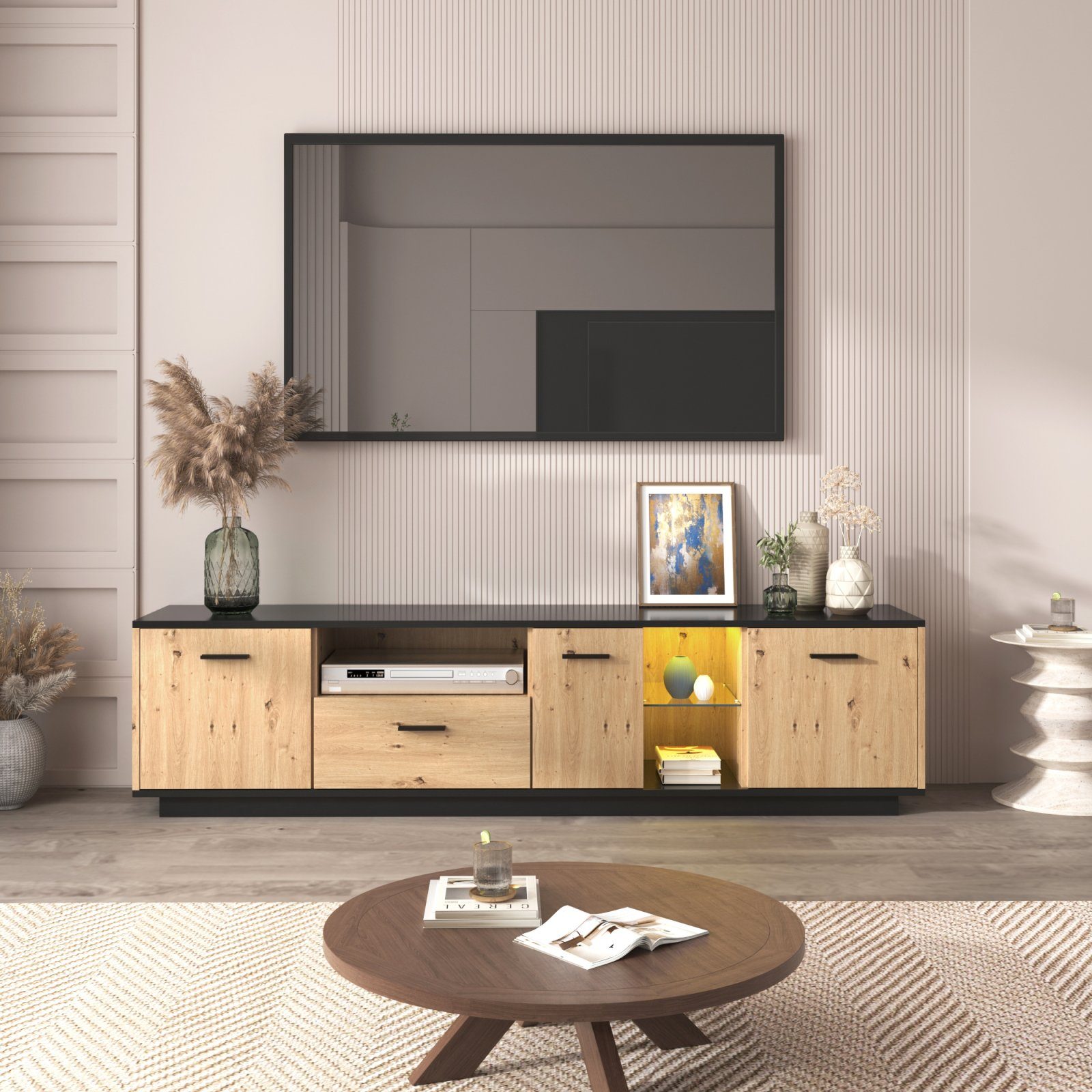 SEEZSSA TV-Schrank 3-türiger TV-Schrank LED Lowboard mit 1 Schublade und offene Fächer 180 x 40 x 45 cm, Schwarze und natürliche Holzfarben