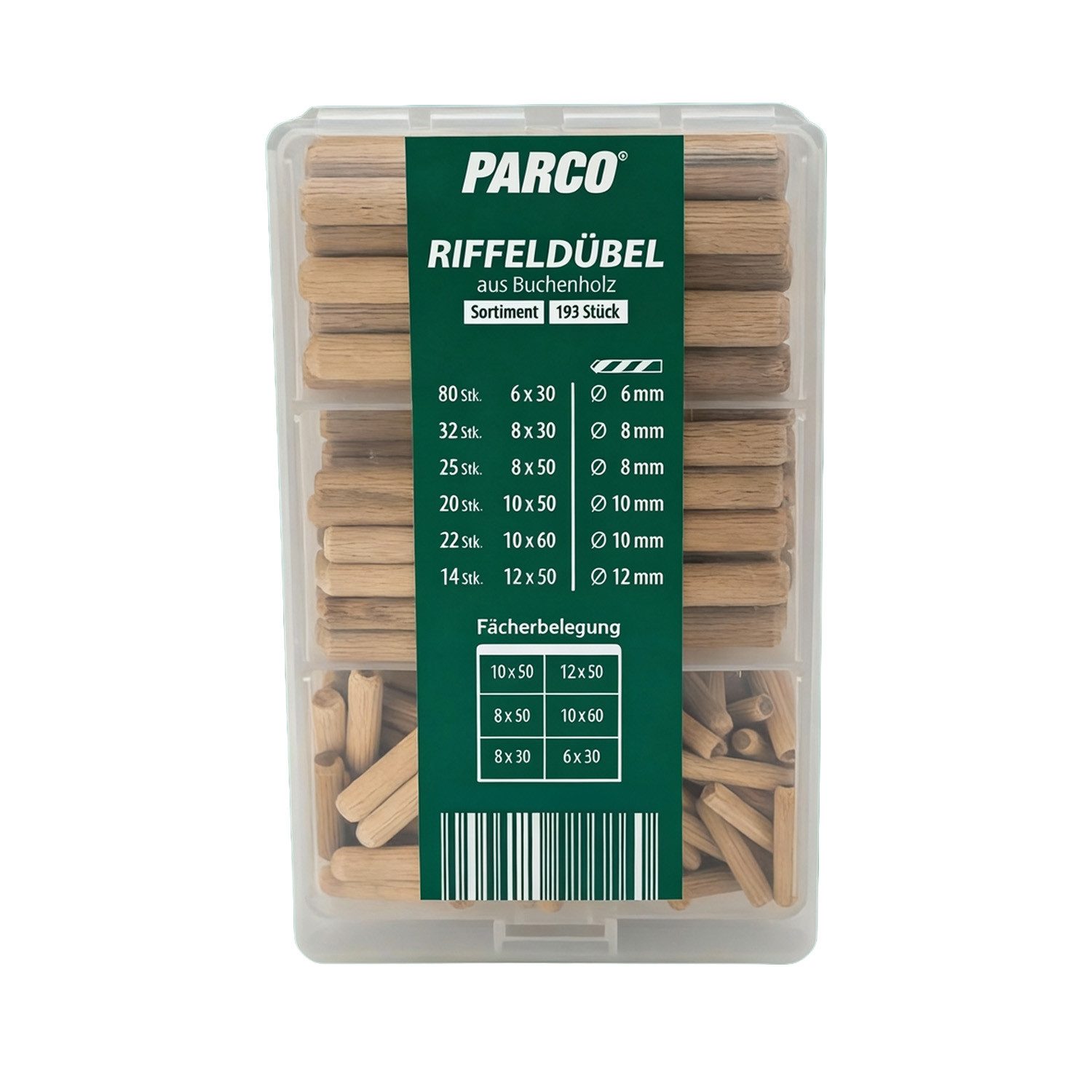 PARCO Holzdübel Riffeldübel Buchenholz Sortiment 193-Teilig