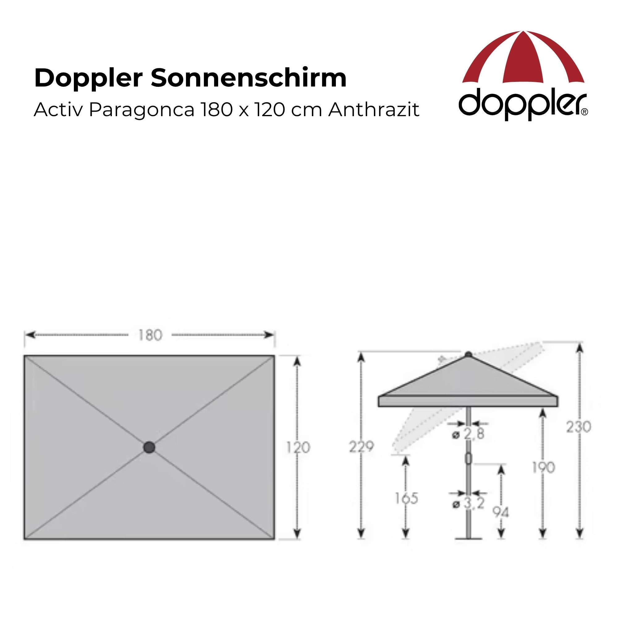 doppler® Sonnenschirm Doppler Balkonschirm Rechteckschirm 180 x 120 cm Anthrazit
