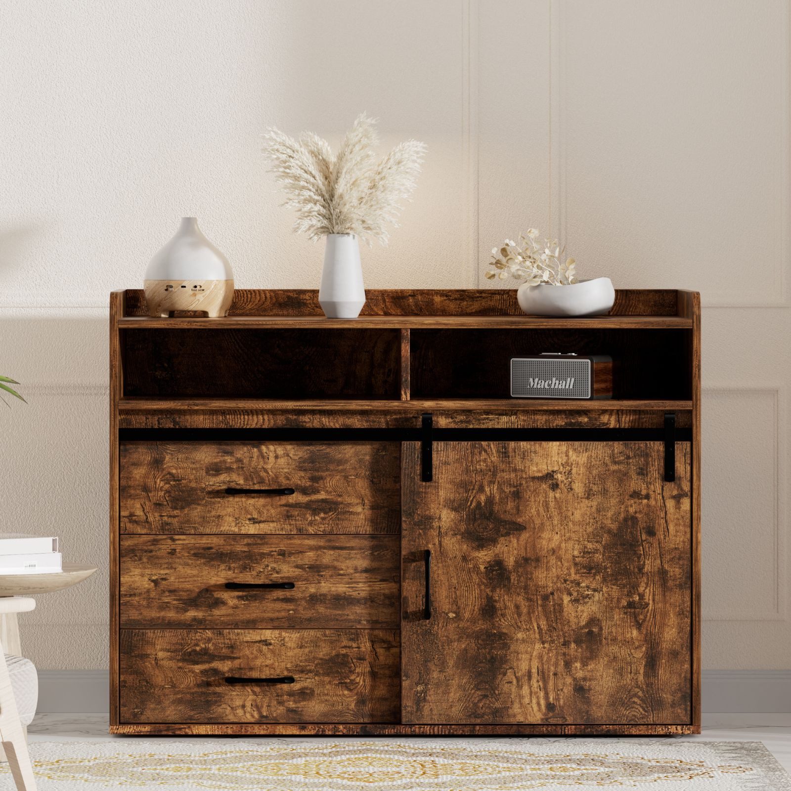 HOMAVO Sideboard HG1-S mit Schiebetür, 3 Schubladen & offenen Fächern