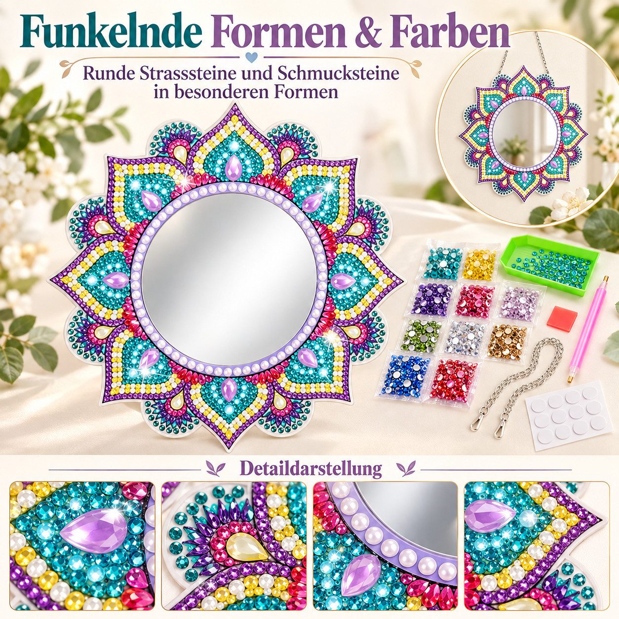 GOLDEN Gemälde Diamond Painting Spiegel Mandala, DIY-Set mit Standfuß und Kette – Bild 5 von 5