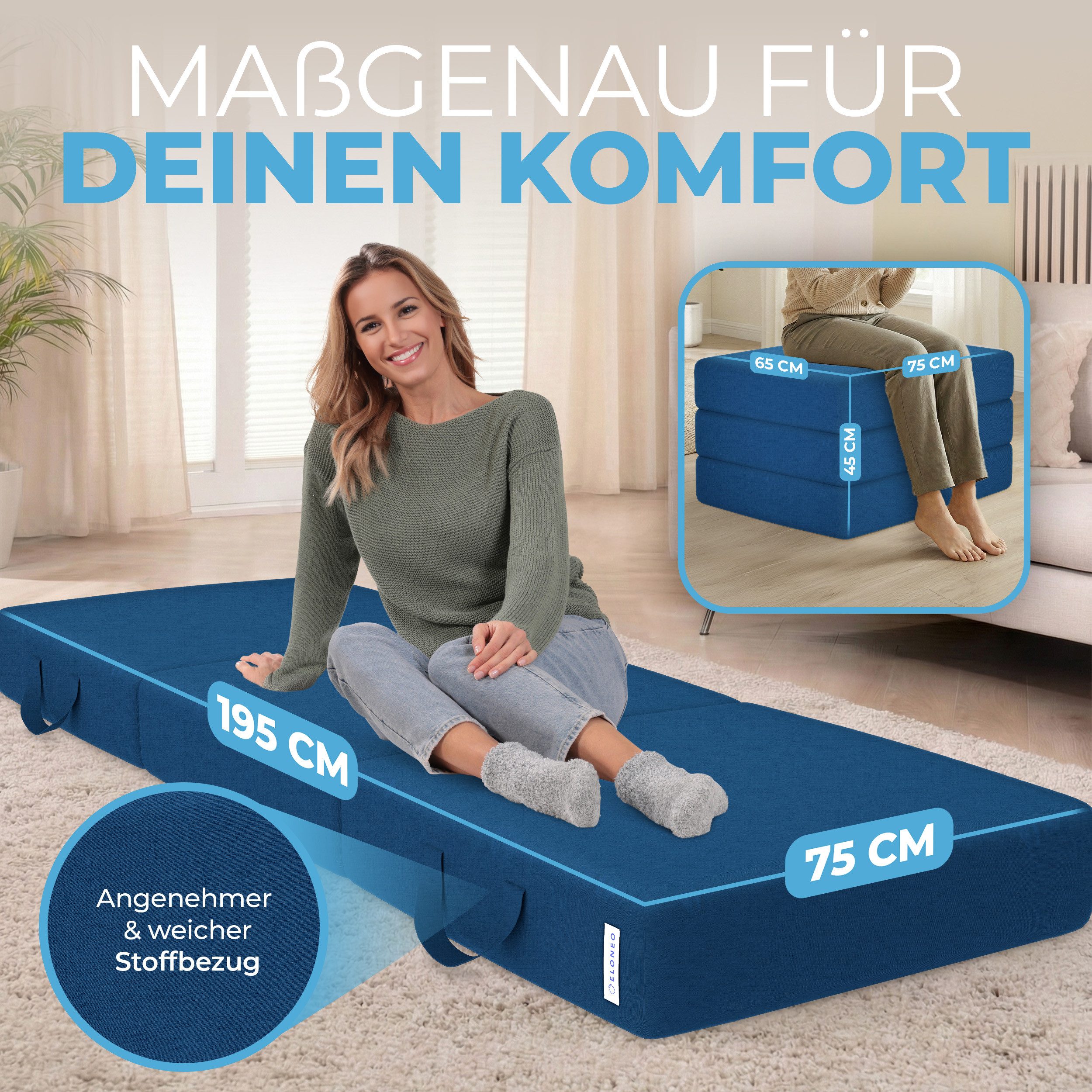 Klappmatratze 3-teilig, Gästematratze mit extra dickem Schaumstoff, ELONEO, 15 cm hoch, waschbarer Bezug, geeignet für Hausstauballergiker, schadstoffgeprüft