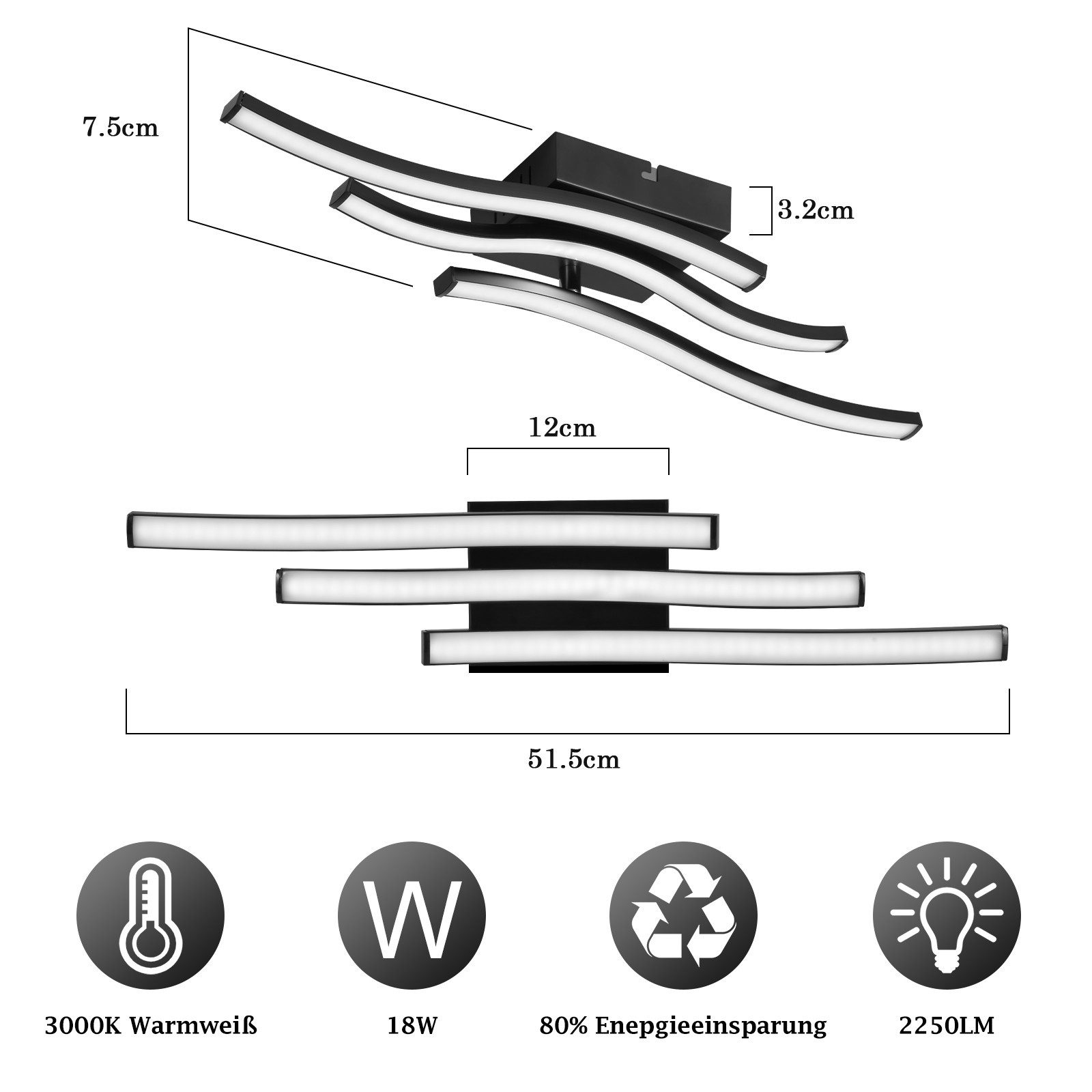 ZMH LED Deckenleuchte Wohnzimmer Schwarz Wellen Design Modern Deckenlampe 3000K Flur Küche, Warmweiß, 6/12W Küchenlampe Innen Schlafzimmerlampe