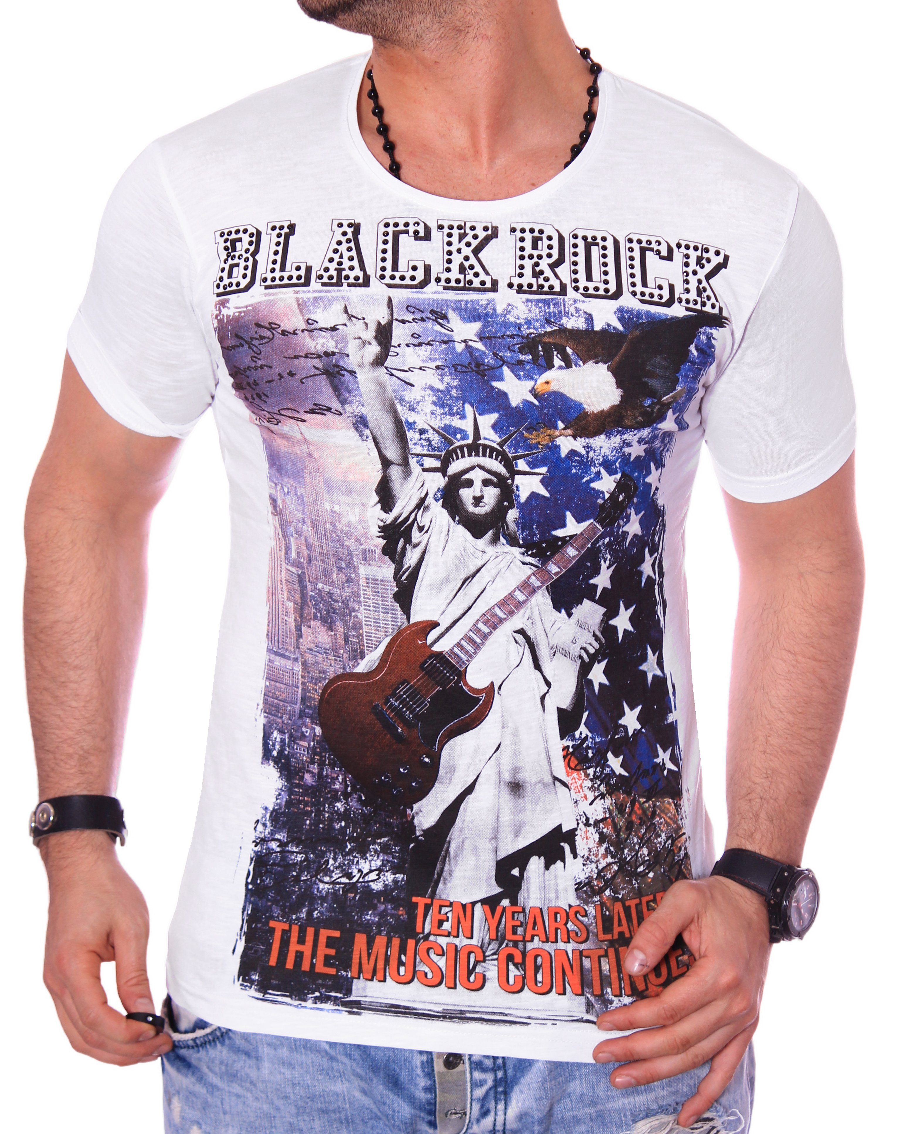 Urlaub Herren Print Slim-Fit Weiß Shirt bedruckt BLACKROCK USA T-Shirt kurzarm Amerika Rundhals T-Shirt
