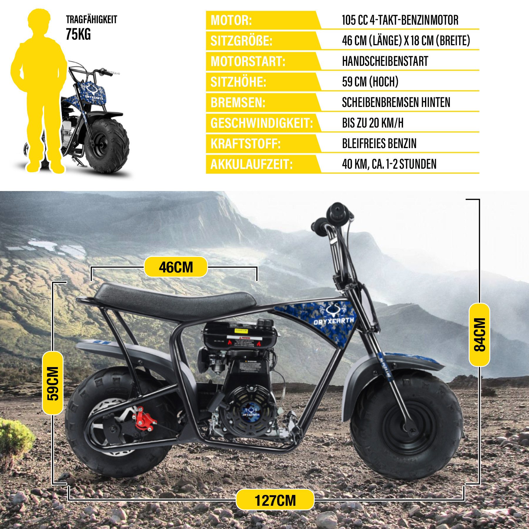 Oryxearth Dirt-Bike Pocket bike Minicross 105cc 20km/h Gasbetriebenes Offroad-Motorrad
