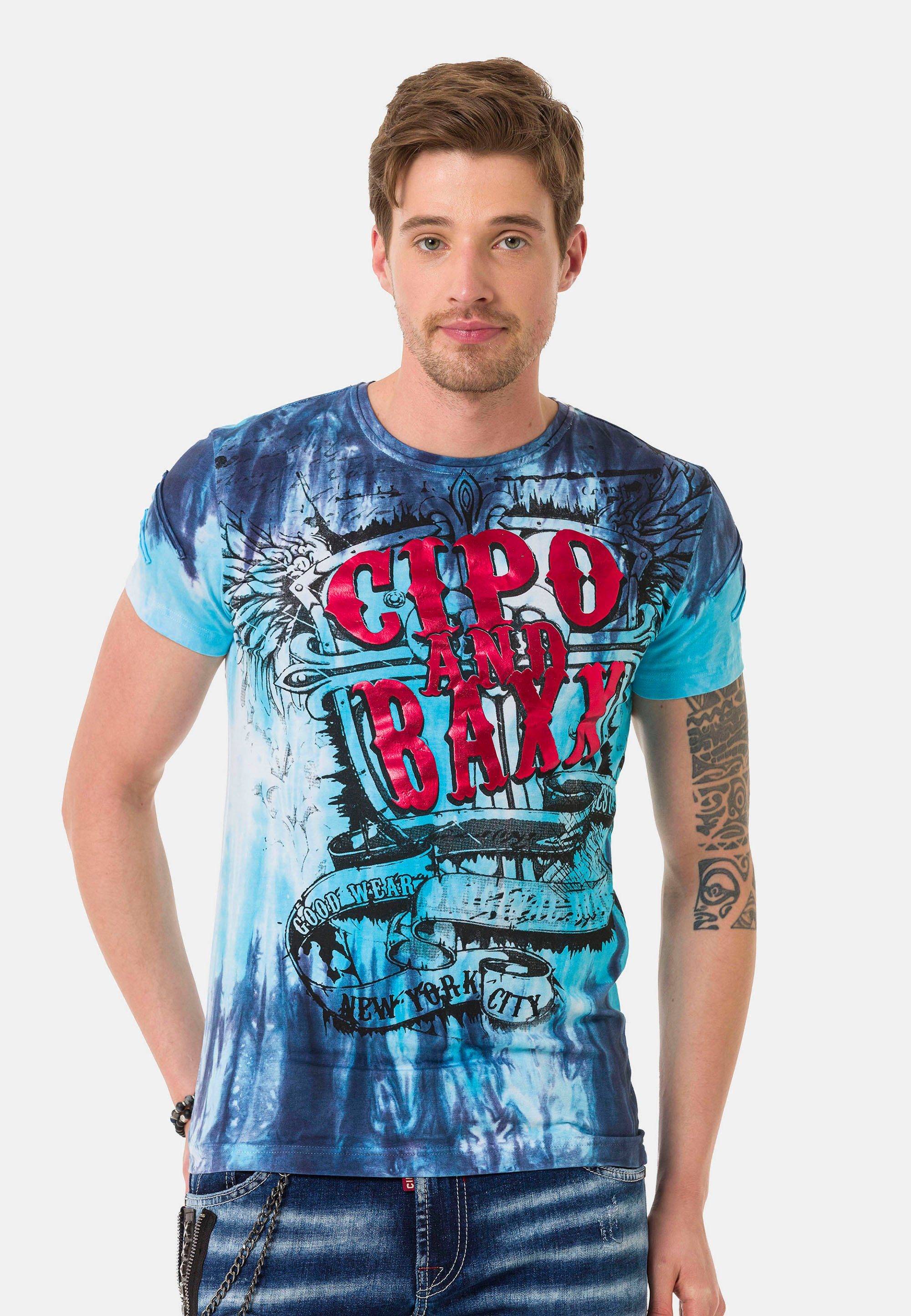Schriftzugprints Cipo blau-pink großen Baxx mit & T-Shirt
