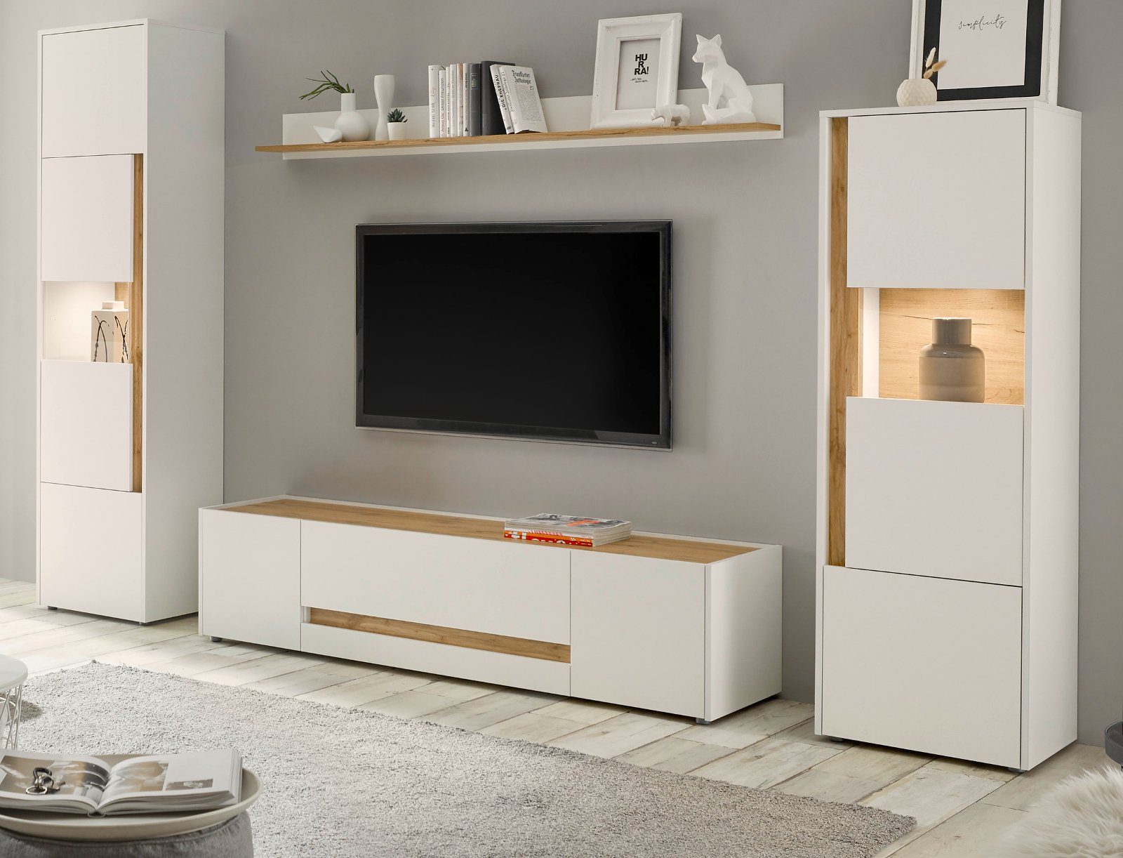 Furn.Design Wohnwand Center, (Wohnzimmer Set 4-teilig in weiß mit Wotan Eiche, 310 x 197 cm), mit viel Stauraum | Wohnwände