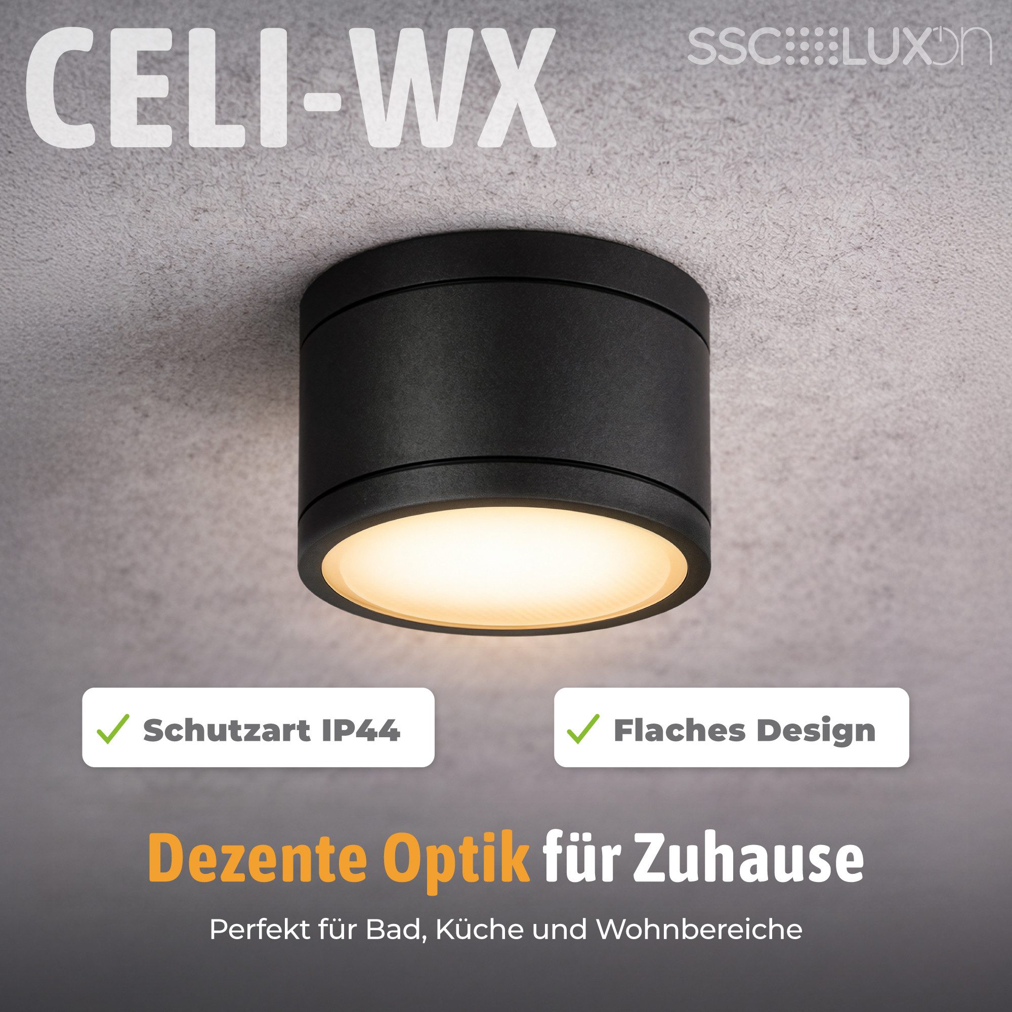 SSC-LUXon LED Außen-Deckenleuchte CELI-WX LED Aufbauspot schwarz IP44 flach 3 Lichtfarben 230V Spot, Neutralweiß, Warmweiß, Tageslichtweiß
