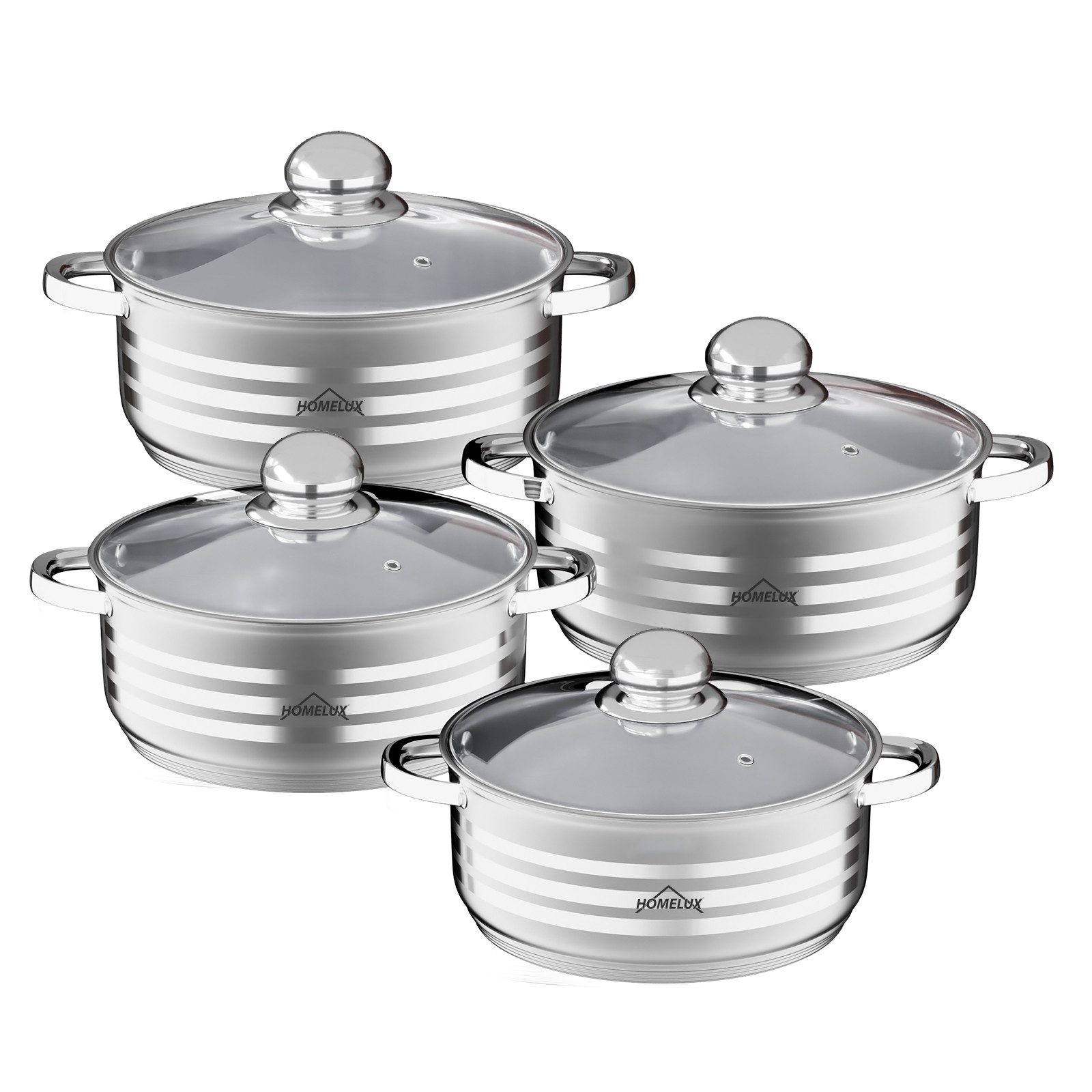 HOMELUX Topf-Set 8/10tlg Edelstahl Topfsets für alle Herdarten, Edelstahl (1,6/2,3/3,1/3,4/4,2/4,5/5,8/6,3/7,3 Liter, 4-tlg., für alle Herdarten), Induktion, mit Glasdeckel