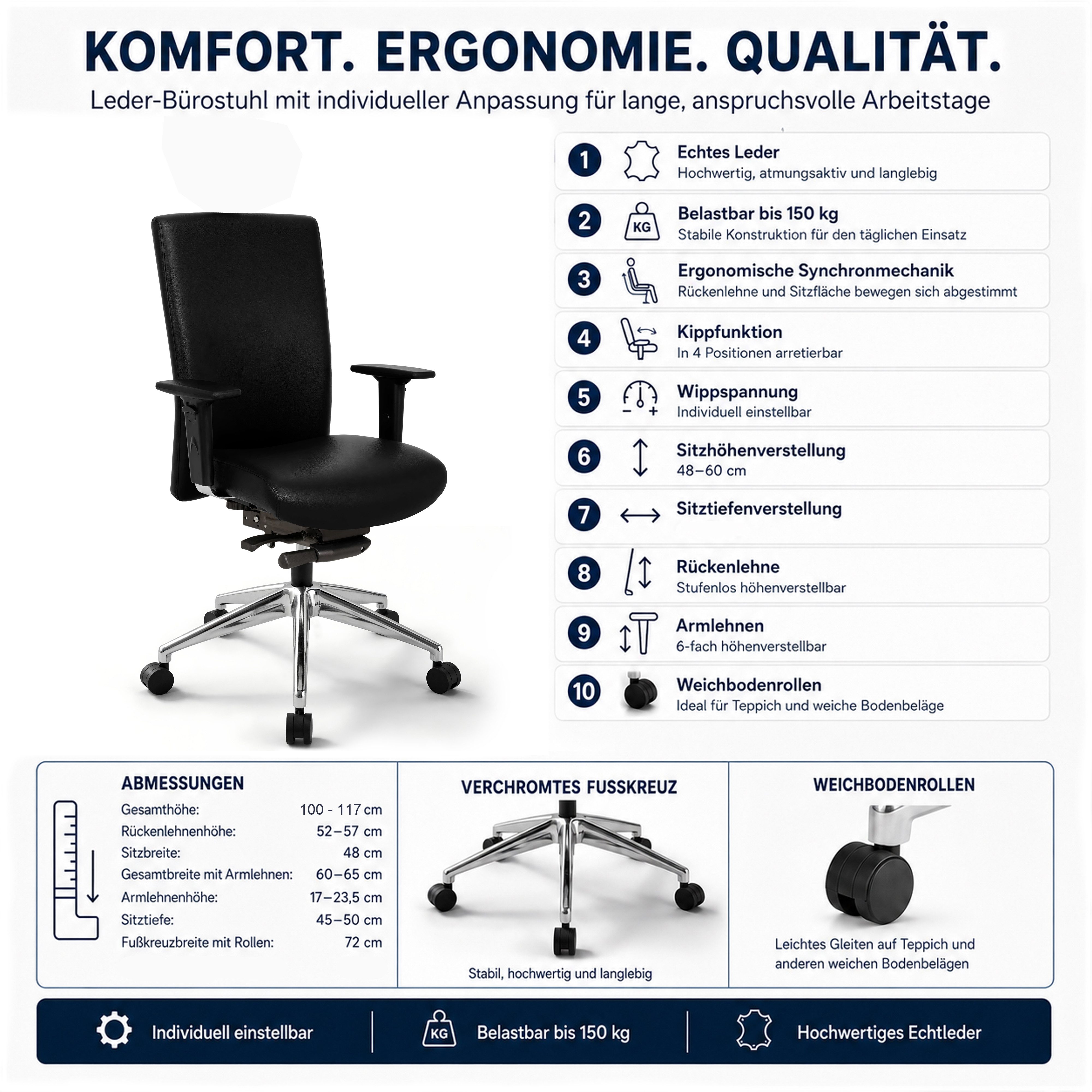 Versee Bürostuhl Schreibtischstuhl Terox Echtleder Schwarz - ergonomisch, bis 150kg (Drehstuhl für Home Office und Büro), aus Echtleder, höhenverstellbar, gepolstert, Synchronmechanik