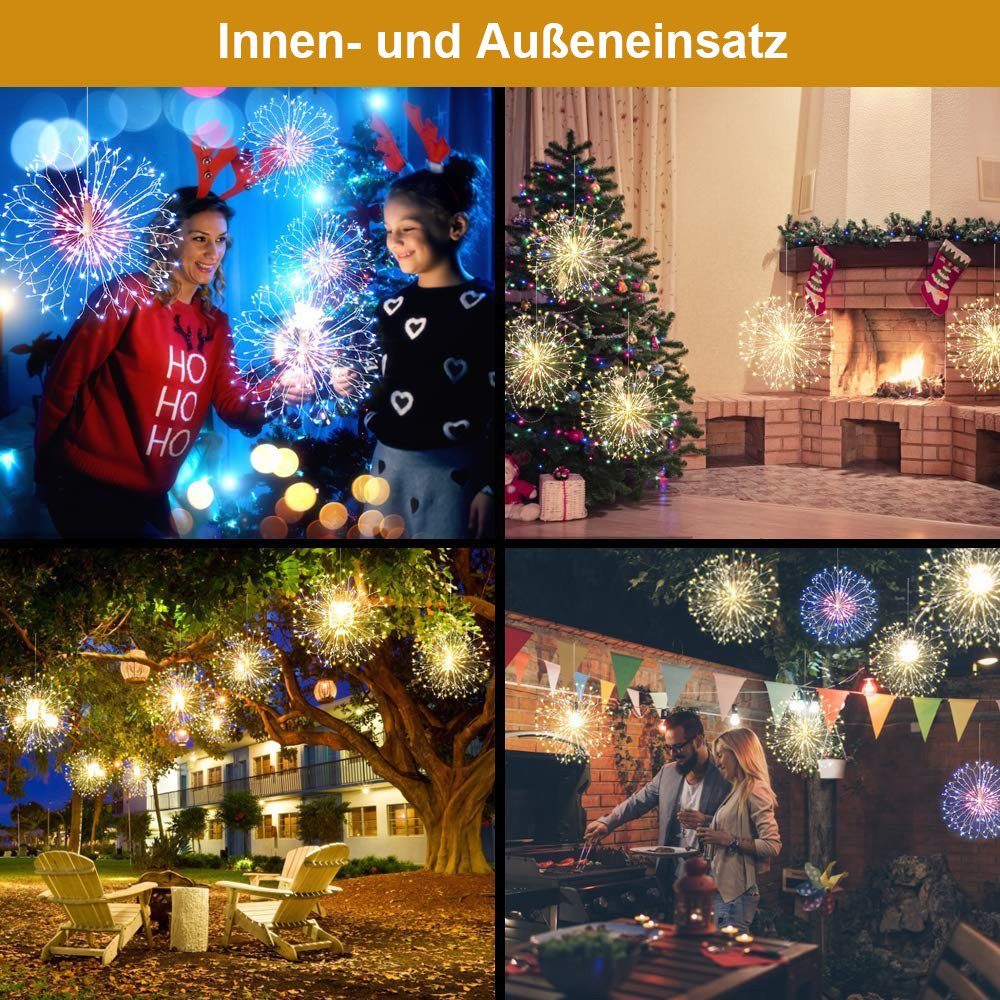 Sunicol LED-Lichterkette Feuerwerk, Innen Garten Wasserdicht, Modi Starburst Deko Beleuchtun, Fernbedienung,Timer Außen Mehrfarbig mit Weihnachten 8 Batteriebetrieben, für