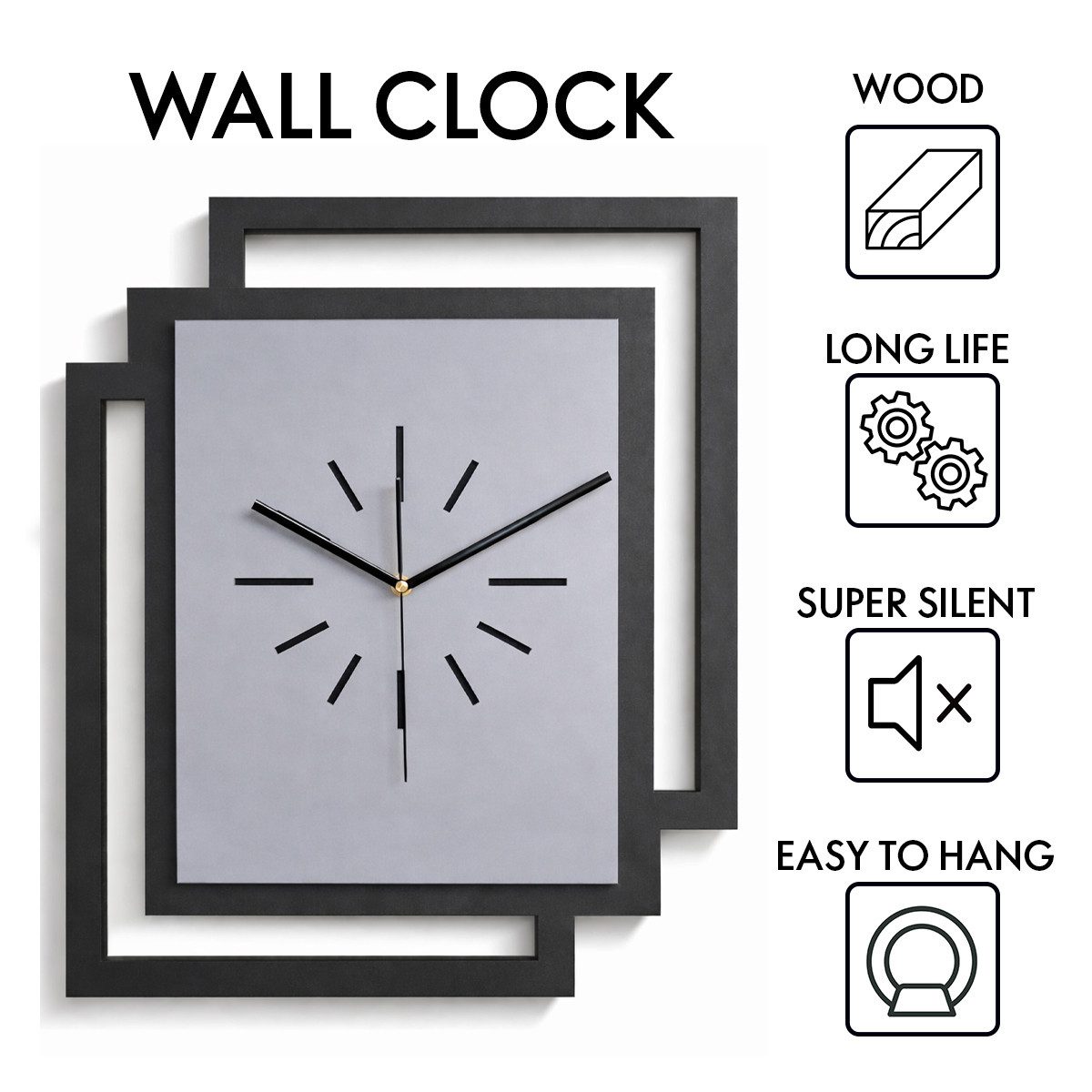 ORNAMENTI Wanduhr Große handgefertigte moderne aus Holz, Hingucker Wanddeko 45 x 55 cm (Rechteckig vertikal ohne Tickgeräusche für Wohnzimmer, ohne Ziffern)