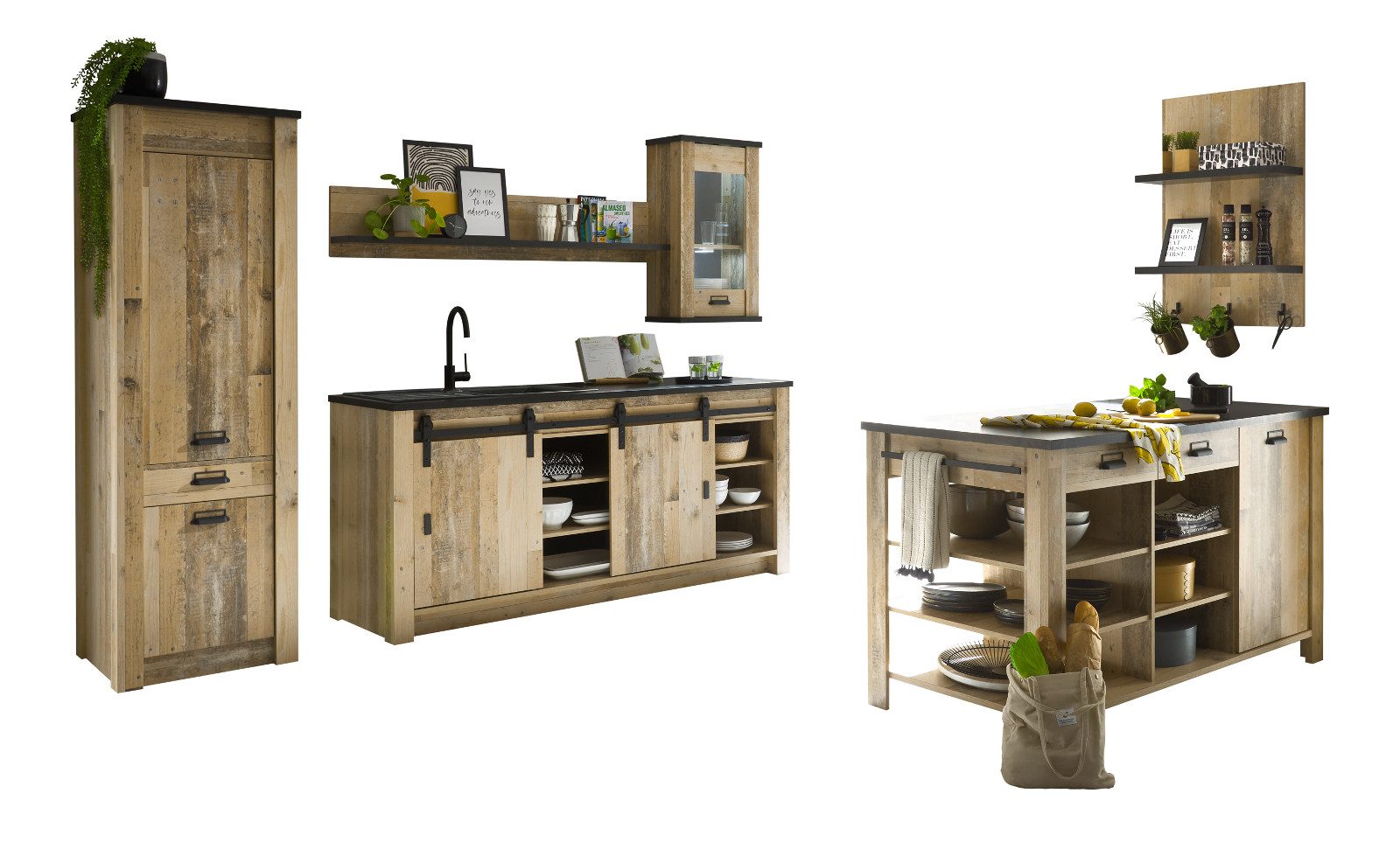 Furn.Design Küchenbuffet Stove (Küche in Used Wood Vintage, 6-St., Set 6-teilig) mit Schwebetüren und Soft-Close-Funktion