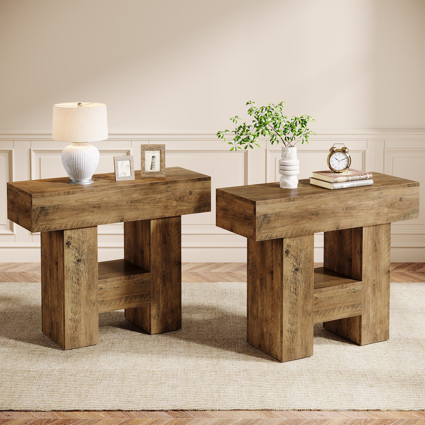Tribesigns Beistelltisch Couchtisch mit 2 Ablagen, Sofatisch Schmaler Nachttisch Holz, Braun