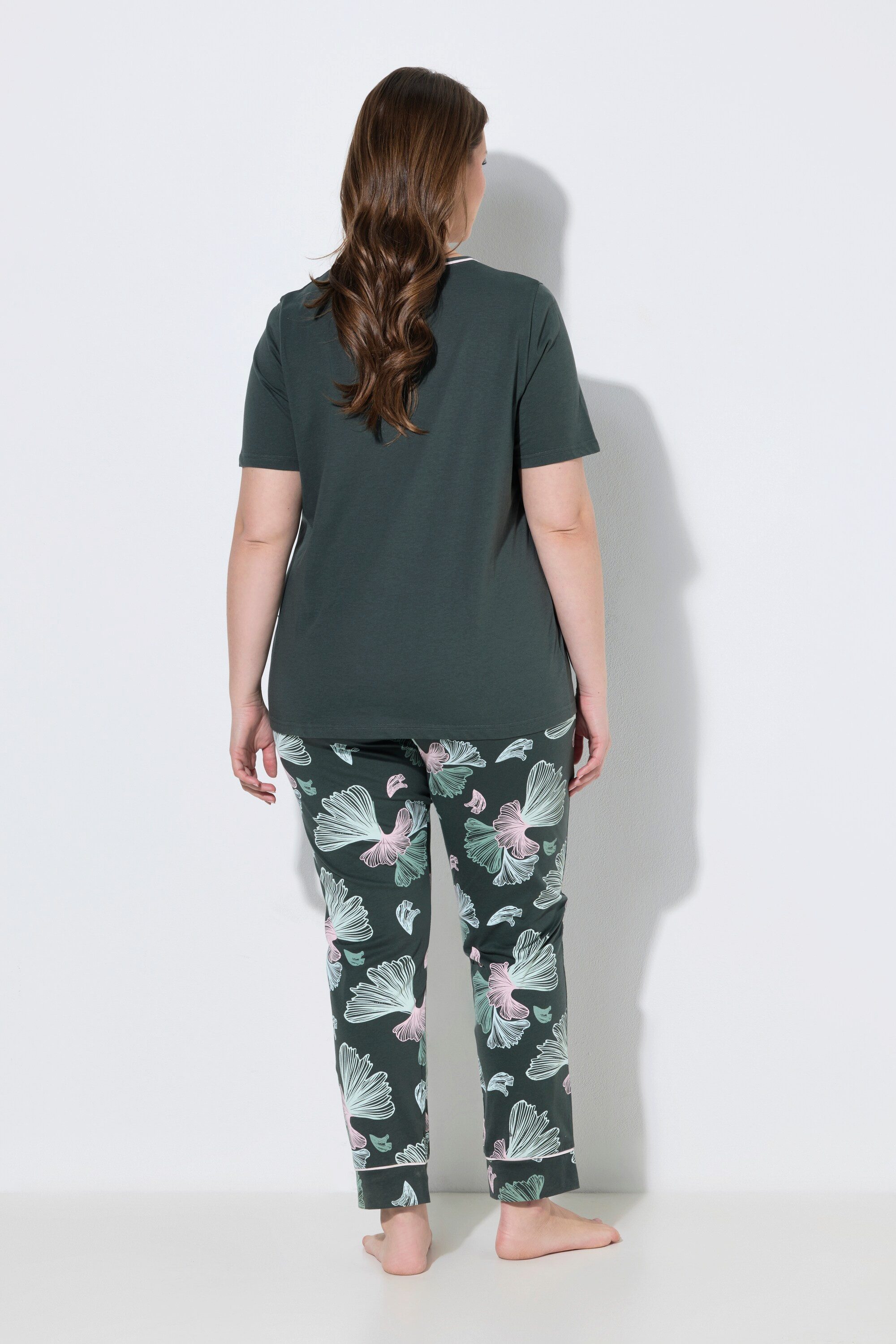 Ulla Popken Pyjama Pyjama Ginkgomuster Rundhals Halbarm