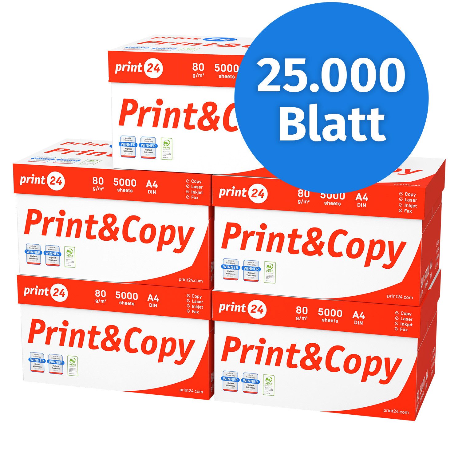 print24 Druckerpapier Kopierpapier 25000 Blatt A4 80g Premium Weiß PEFC zertifiziert