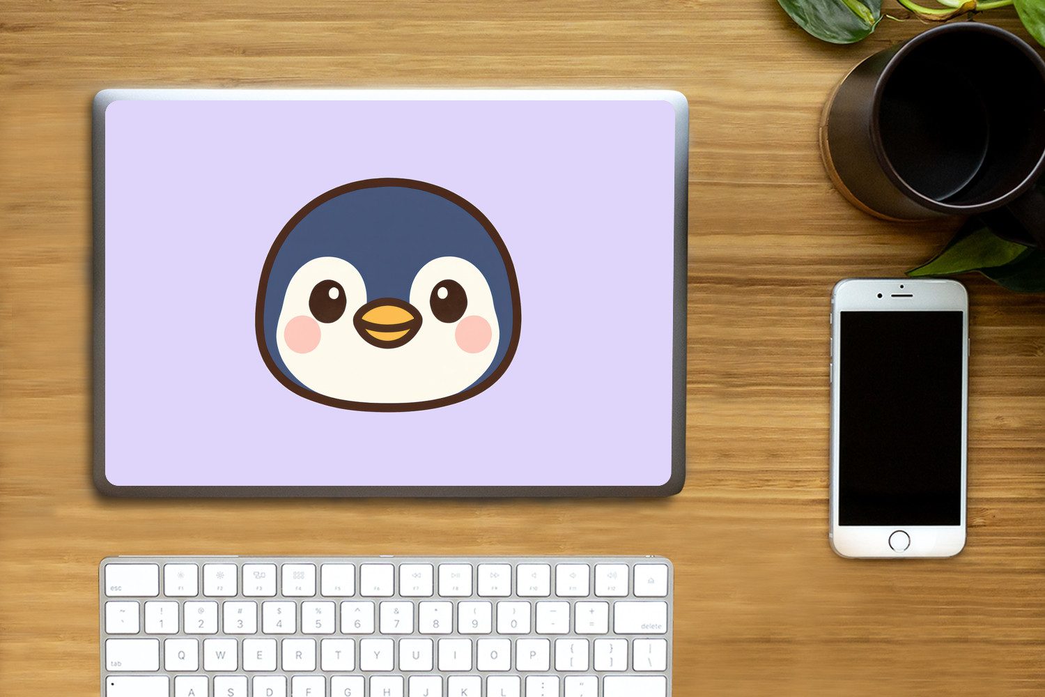 MuchoWow Laptop-Aufkleber Pinguin - Lila - Niedlich, (1tlg), Laptop Folien Cover, Aufkleber, Sticker, Schutz vor Kratzern, 25x18 cm