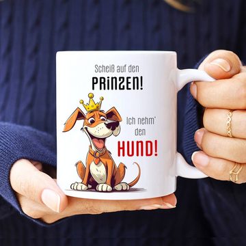 Cadouri Tasse SCHEISS AUF DEN PRINZEN Kaffeetasse mit Spruch - für Hundefreunde, Keramik, mit Hundespruch, beidseitig bedruckt, handgefertigt, Geschenk, 330 ml