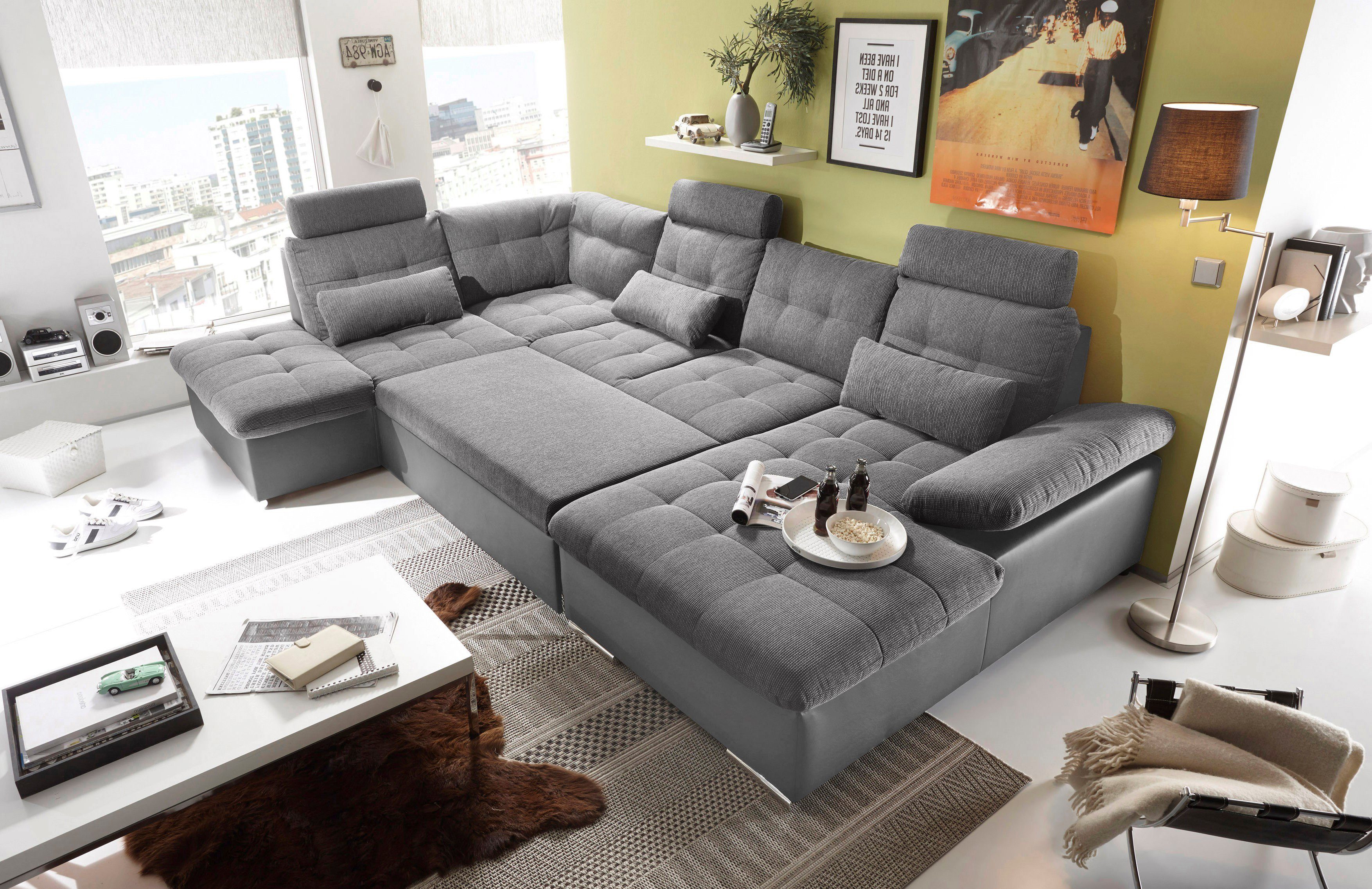 ED EXCITING DESIGN Wohnlandschaft Jakarta U-Form mit Bettfunktion, Bettkasten, Armteilverstellung, Kopfstützen & 3 Nierenkissen