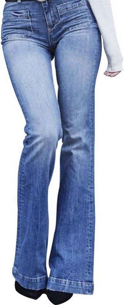 FIDDY Schlaghose Damen Bootcut Flared Hose Casual Hohe Jeans Destroyed Denim Pants