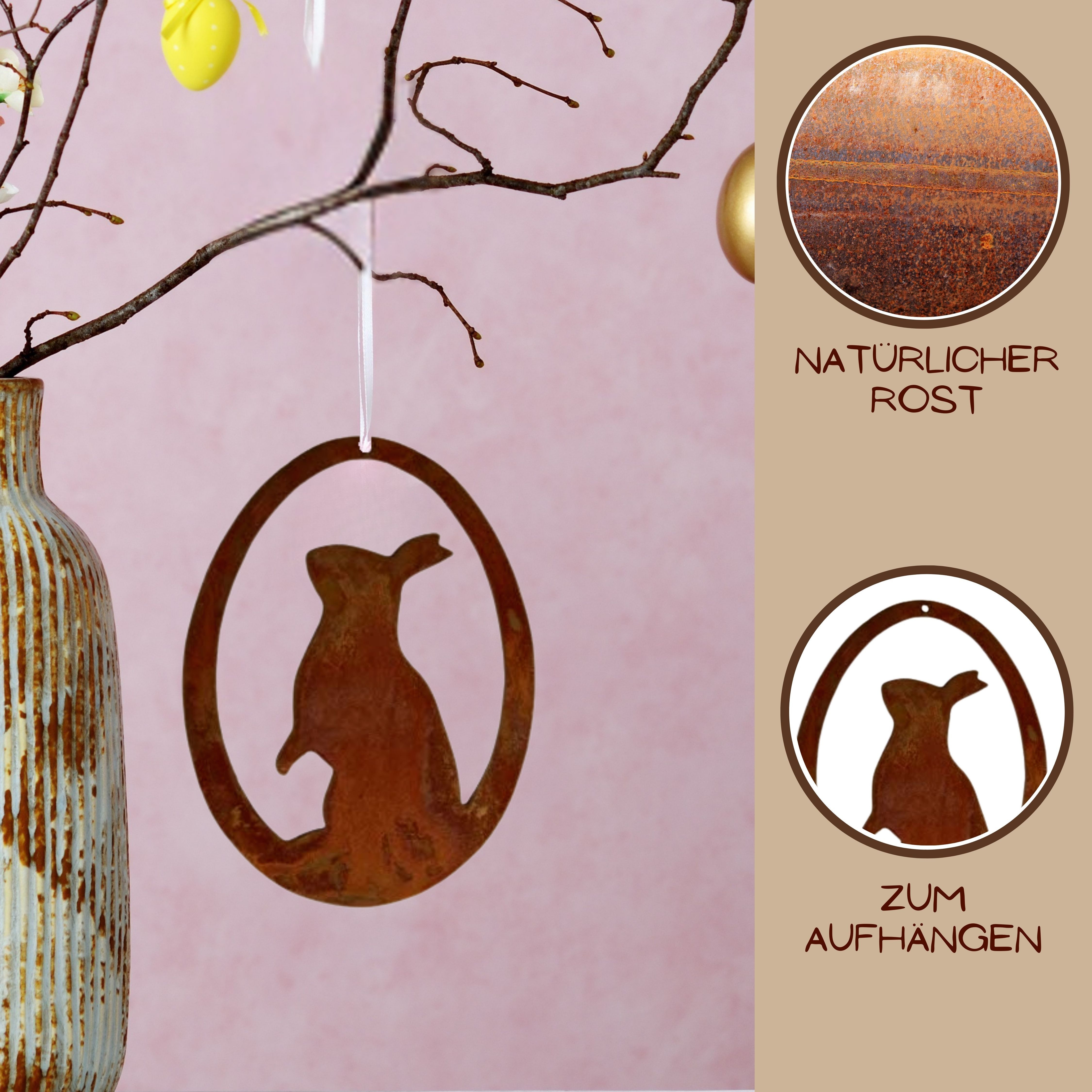 Rostikal Osterfigur Hängedeko Osterei mit Hase Osterdeko Metall, Echter Rost
