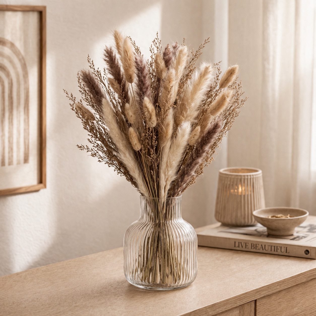 Trockenblume Trockengräser Strauss Deko Gräser getrocknet in Naturfarben, XiRRiX, Höhe 45 cm, Gräser Deko, Trockenblumenstrauss