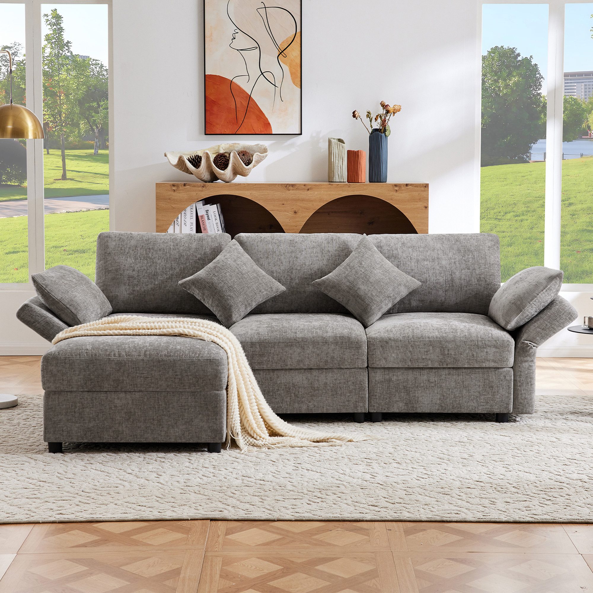 Merax Ecksofa L-förmig Sofa mit Fußhocker, Chenille-Stoff, 1 Teile, 3-Sitze günstig online kaufen