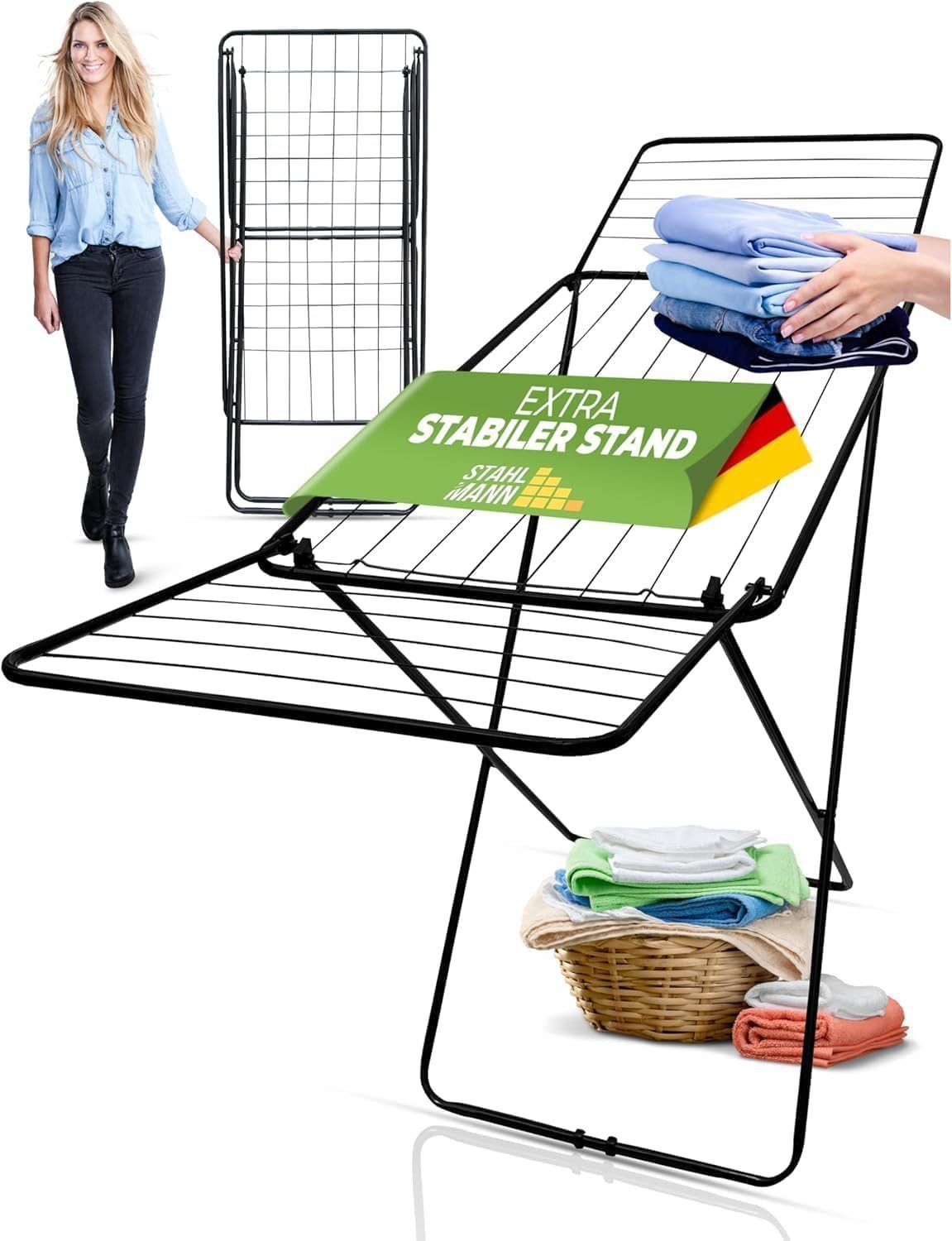 STAHLMANN COMMERCE GmbH Wäscheständer Comfort 18 [18 m Trockenfläche], Klappbar, Made in EU, Schwarz, 18 m Trockenfläche · Klappbar · Made in EU