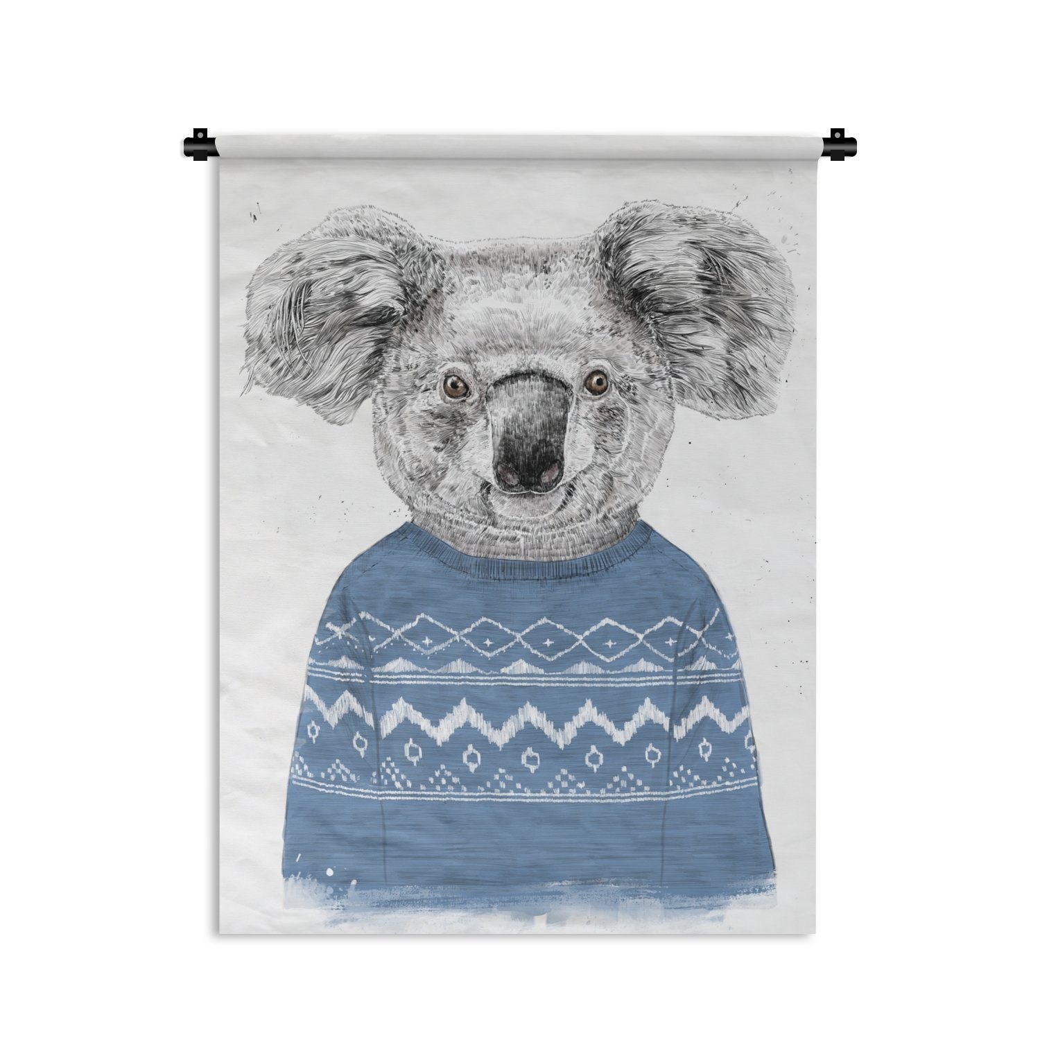 MuchoWow Wanddekoobjekt Koala - Pullover - Winter - Blau, Deko für an der Wand, Wohnzimmer, Tapisserie, Schlafzimmer