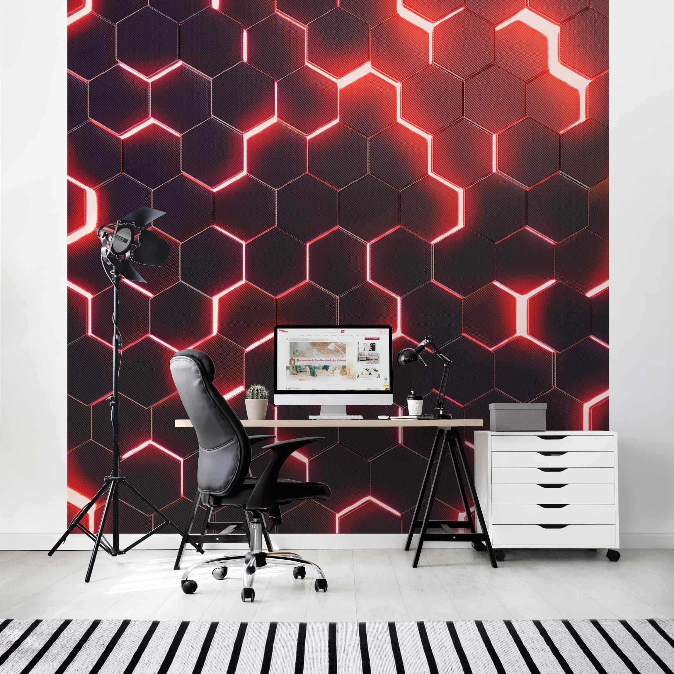 Bilderdepot24 Mustertapete Hexagone Neonlicht Rot 3D-Optik Muster Neon Art günstig online kaufen