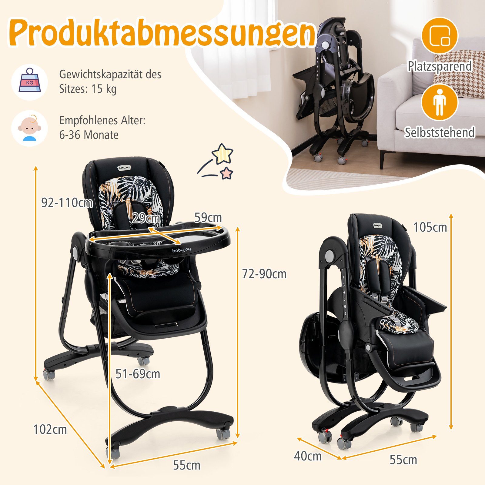 COSTWAY Hochstuhl Babystuhl, klappbar, verstellbar, mit Liegefunktion & Rädern – Bild 4 von 5