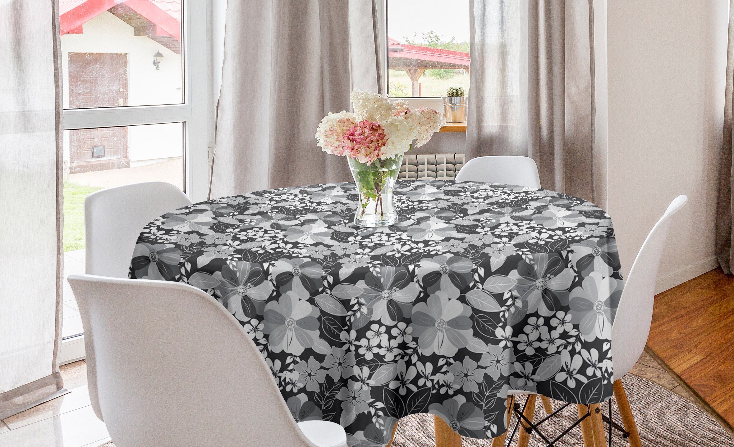 Abakuhaus Tischdecke Kreis Tischdecke Abdeckung für Esszimmer Küche Dekoration, Flora Graustufen- Bloom Motive