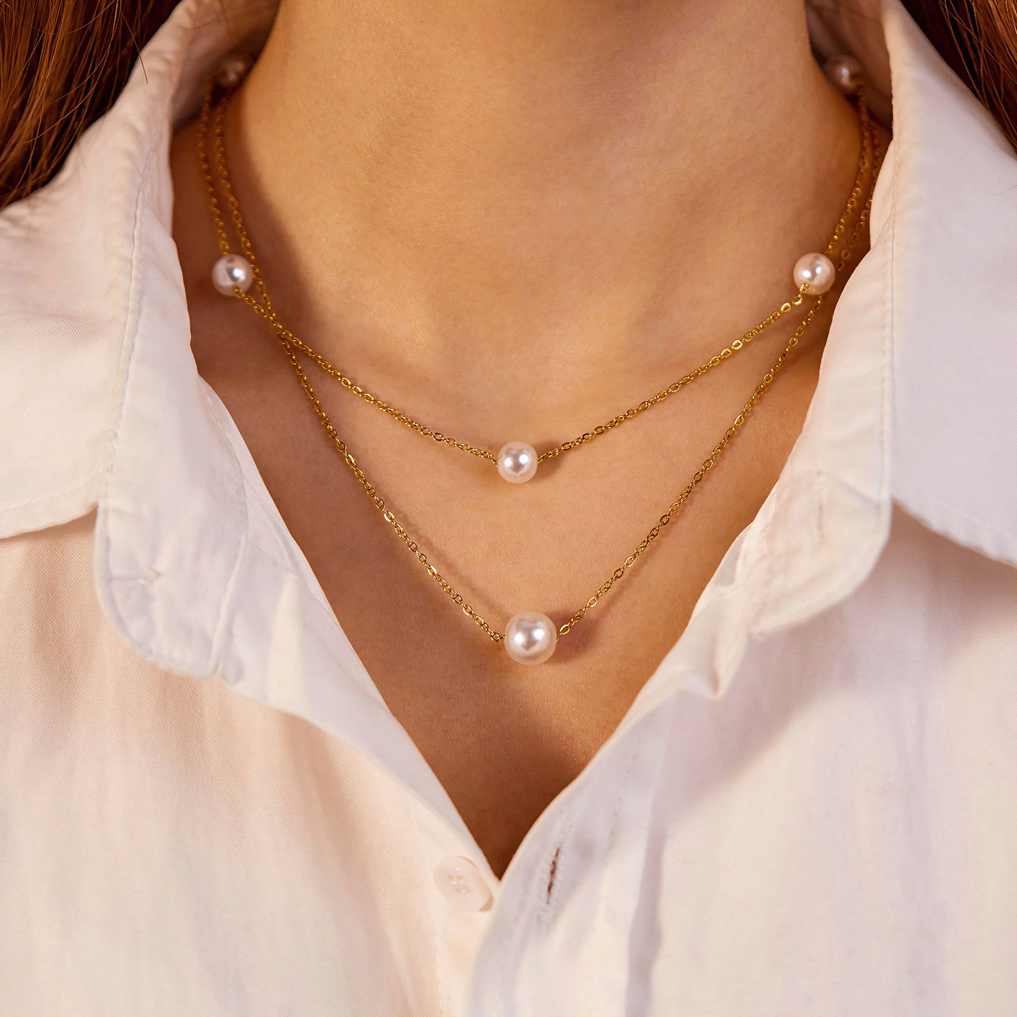 Firetti Kette mit Anhänger Schmuck Geschenk Edelstahl Halsschmuck Halskette Layer doppelreihig, mit Perle (synth)