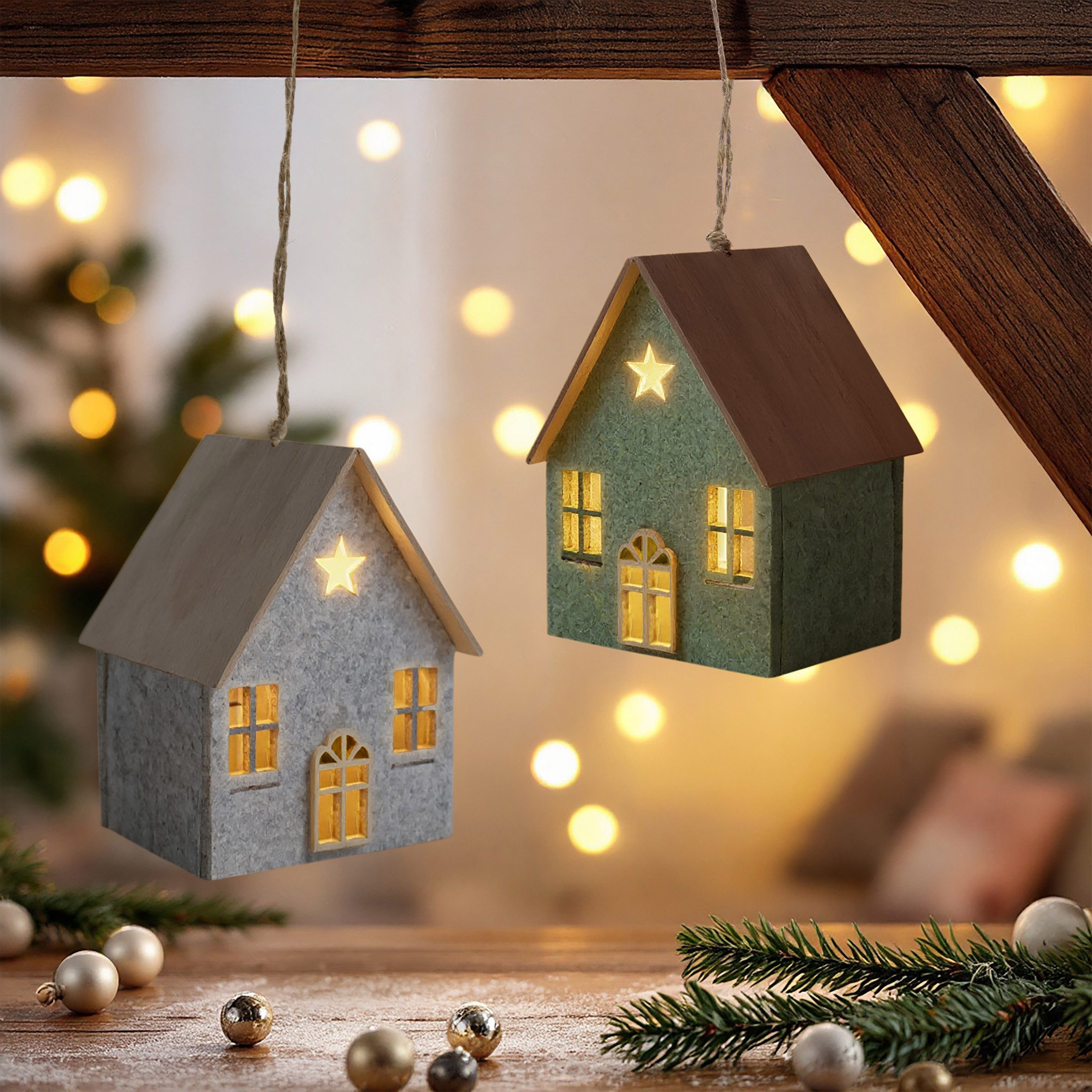 Spetebo Dekoobjekt LED Filz Winterhaus mit Holzdach 2er Set - 12 x 9 cm (Set, 1 St., 1), inklusive Batterie