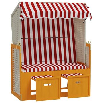 vidaXL Gartenliege Strandkorb mit Dach Poly Rattan und Massivholz Rot & Weiß, 1 St.