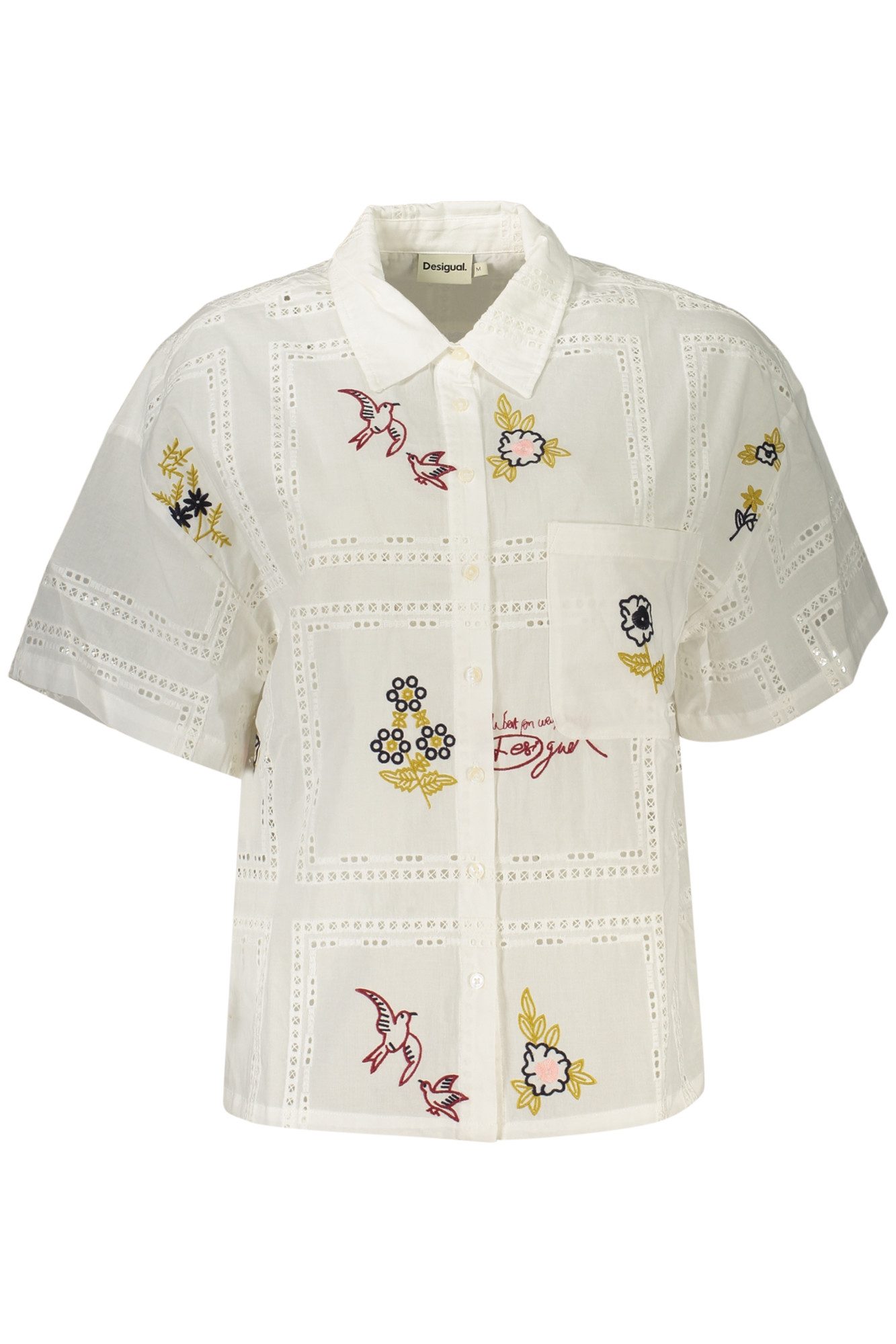 Desigual Blusenshirt Weißes Damen-Kurzarmhemd mit Kontrastdetails und