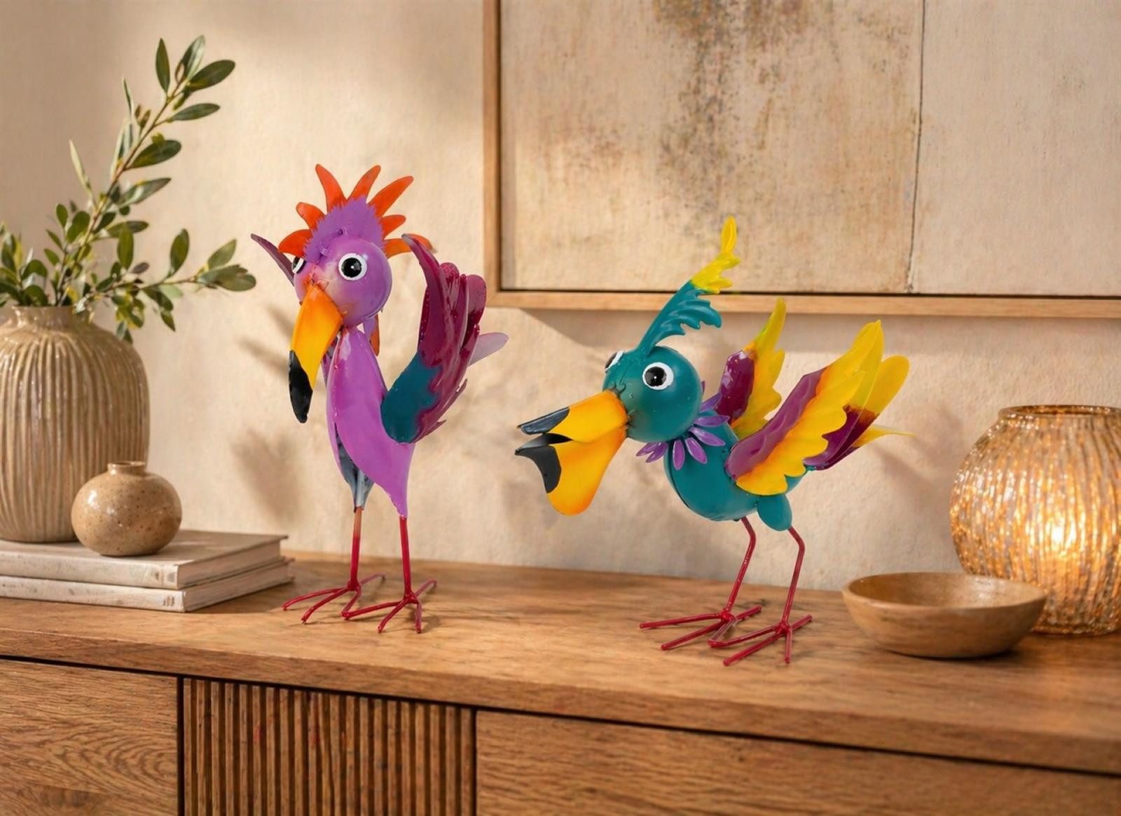 Geschenkestadl Tierfigur Bunte Metall Vögel 2er Set ausgefallene Dekofiguren modern 19/20 cm (Spar-Set, 2 St., 2tlg), lustige Vögel – Bild 4 von 5