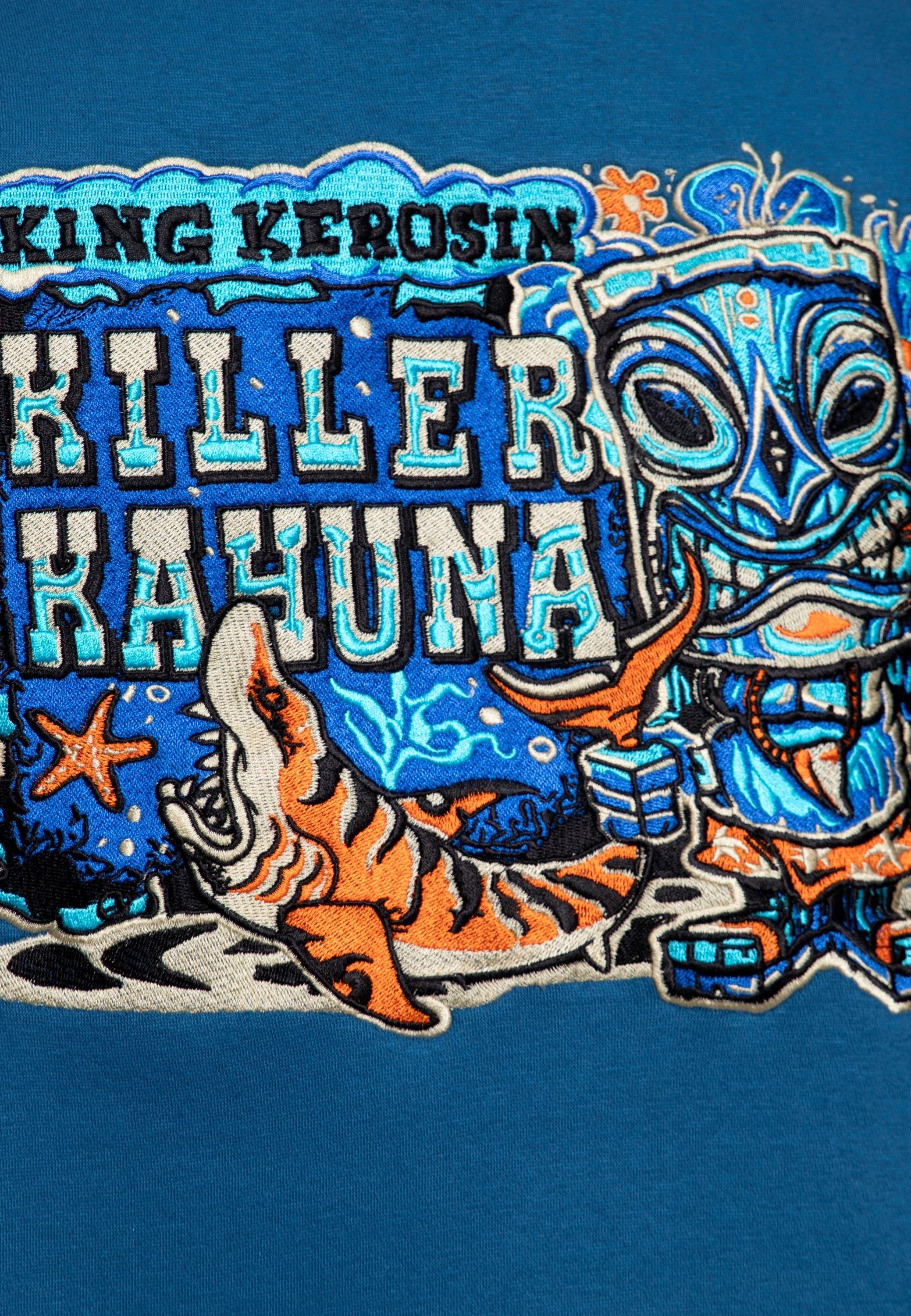 Killer mit KingKerosin Kahuna Tiki-Style im blau Artwork-Stickerei Collegejacke