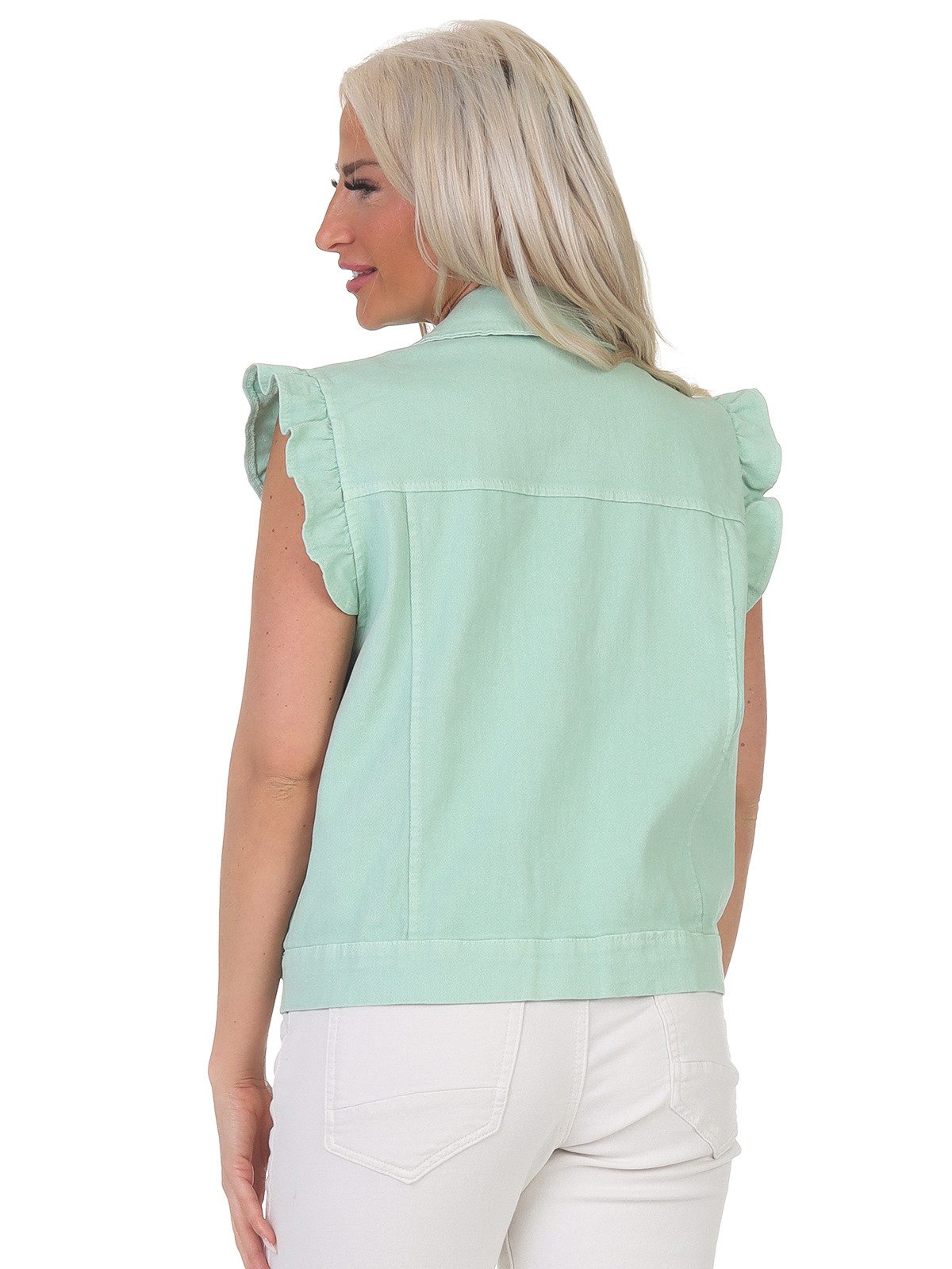 Aurela Damenmode Jeansweste Damen Weste Jeanslook Sommerweste mit Volantärmeln Sommerfarben
