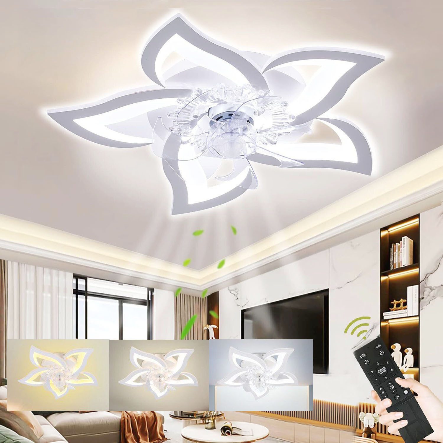 oyajia LED Deckenleuchte 75W Moderne LED-Deckenleuchte mit Lüfter, LED Deckenventilator, LED fest integriert, Kaltweiß/Naturweiß/Warmweiß, 3-Farbwechsel und 3 Geschwindigkeiten,Regelung der Innentemperatur