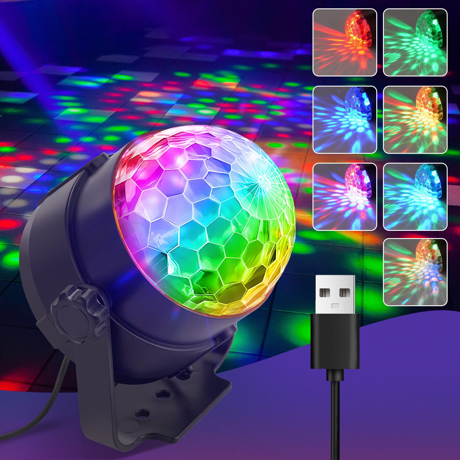 Nettlife LED Discolicht Discokugel Partylicht Musikgesteuert 360° Rotierende 7 RGB mit Kabel, Schwenkbar 360°, LED fest integriert, 7 RGB, Discolicht mit USB für Kinderzimmer Wohnzimmer Party