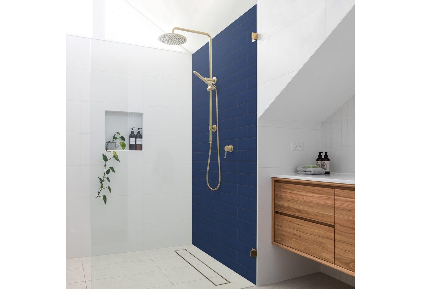 Thumbnail - Bilderdepot24 Duschrückwand Fliesenoptik blau Badrückwand ohne Bohren Dusche Muster, (0,61 mm starke Folie selbstklebend...