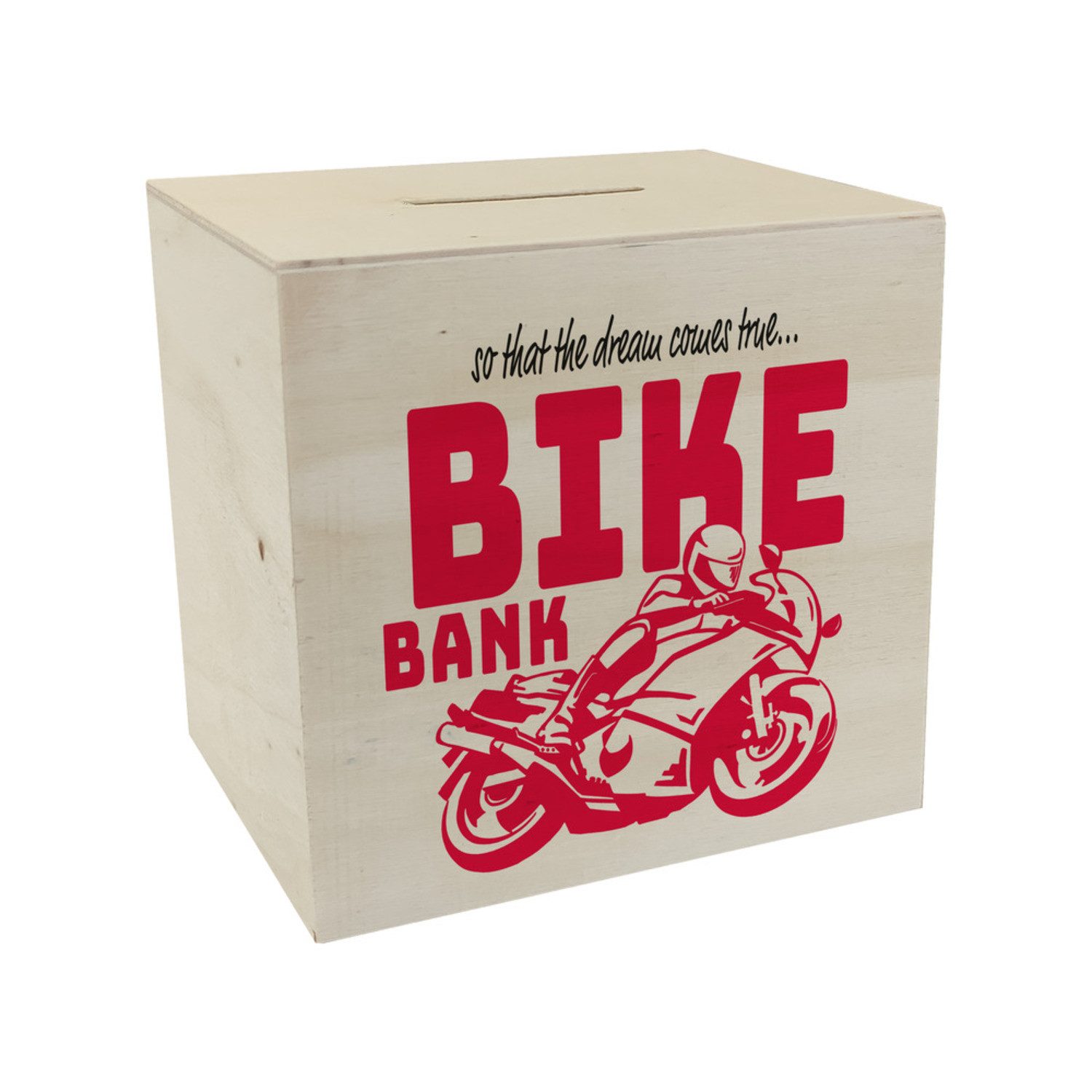 Spardose Bike Bank Spardose aus Holz in rot zum Thema Motorradkauf und fahren