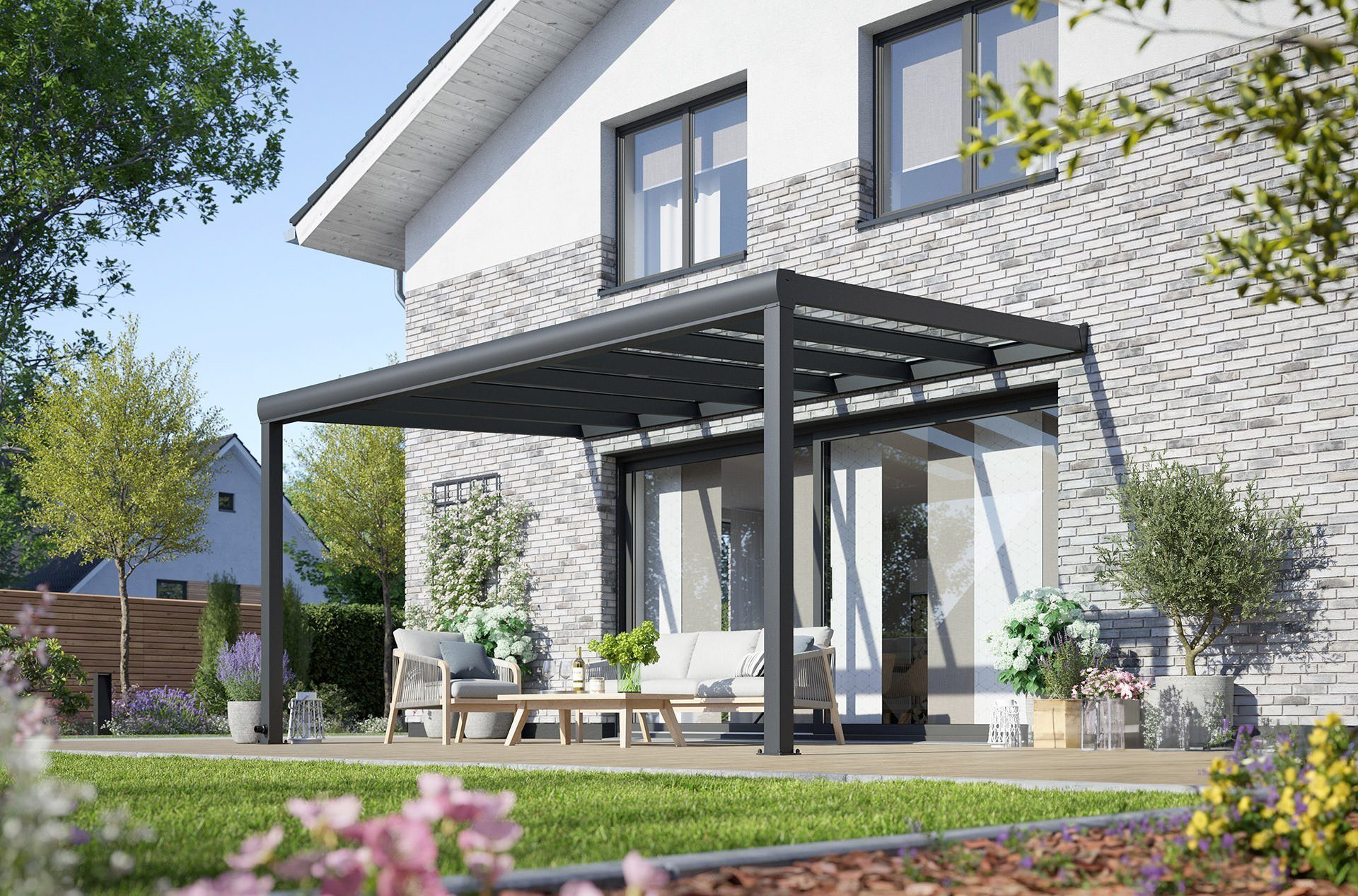 Rexin Terrassendach REXOpremium – hochwertiges Aluminium Terrassendach 4m x 3m, BxT: 406x300 cm, Bedachung VSG-Glas klar oder VSG-Glas grau, mit 4mm starken Profilen, Terrassenüberdachung, Vordach