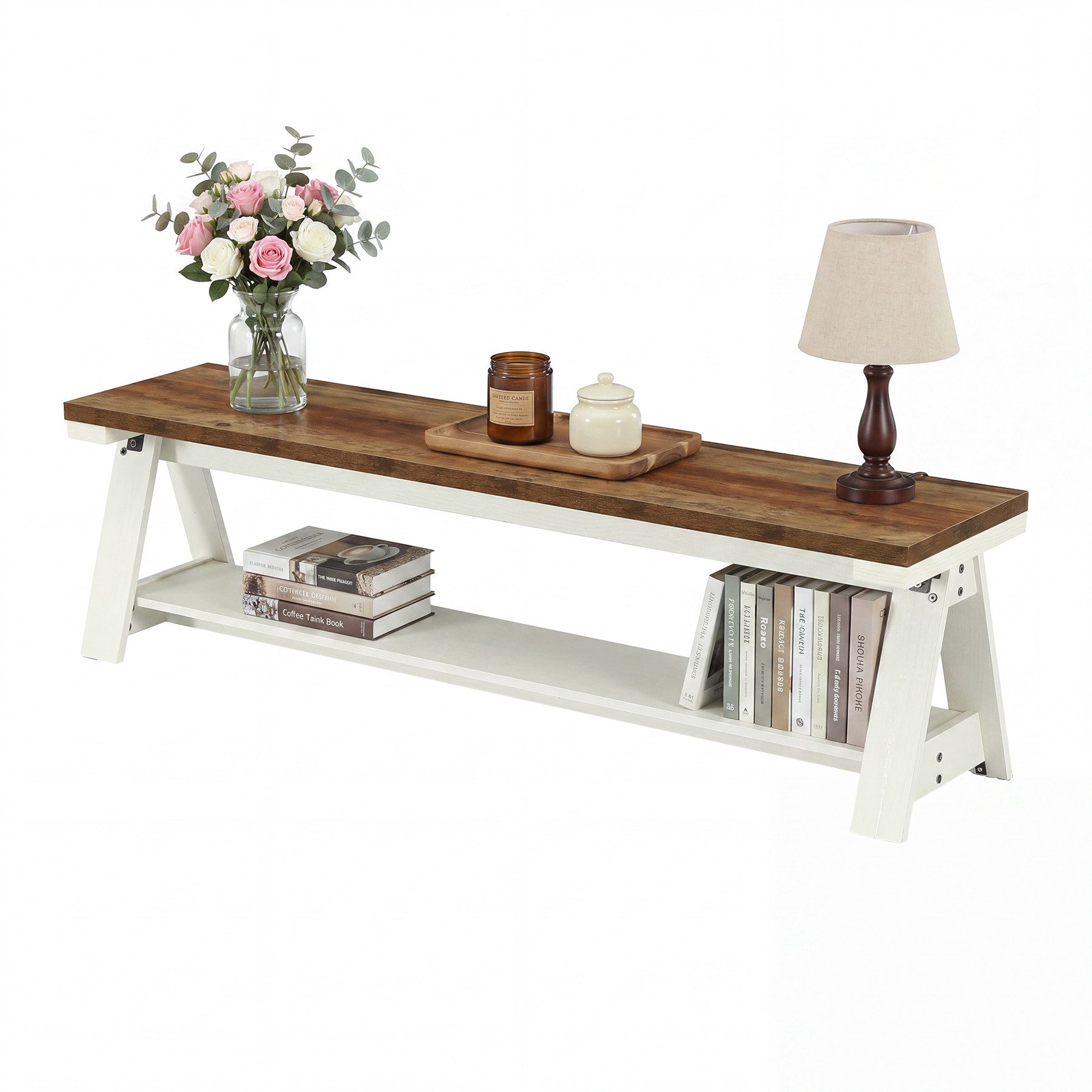 Tribesigns Schuhbank 150 cm lange Holz-Eingangsbank mit offenen Regalen, 2-stufige Bettbank (Landhaus-Esszimmerbank für Küche, Wohnzimmer, Flur, Schlafzimmer)