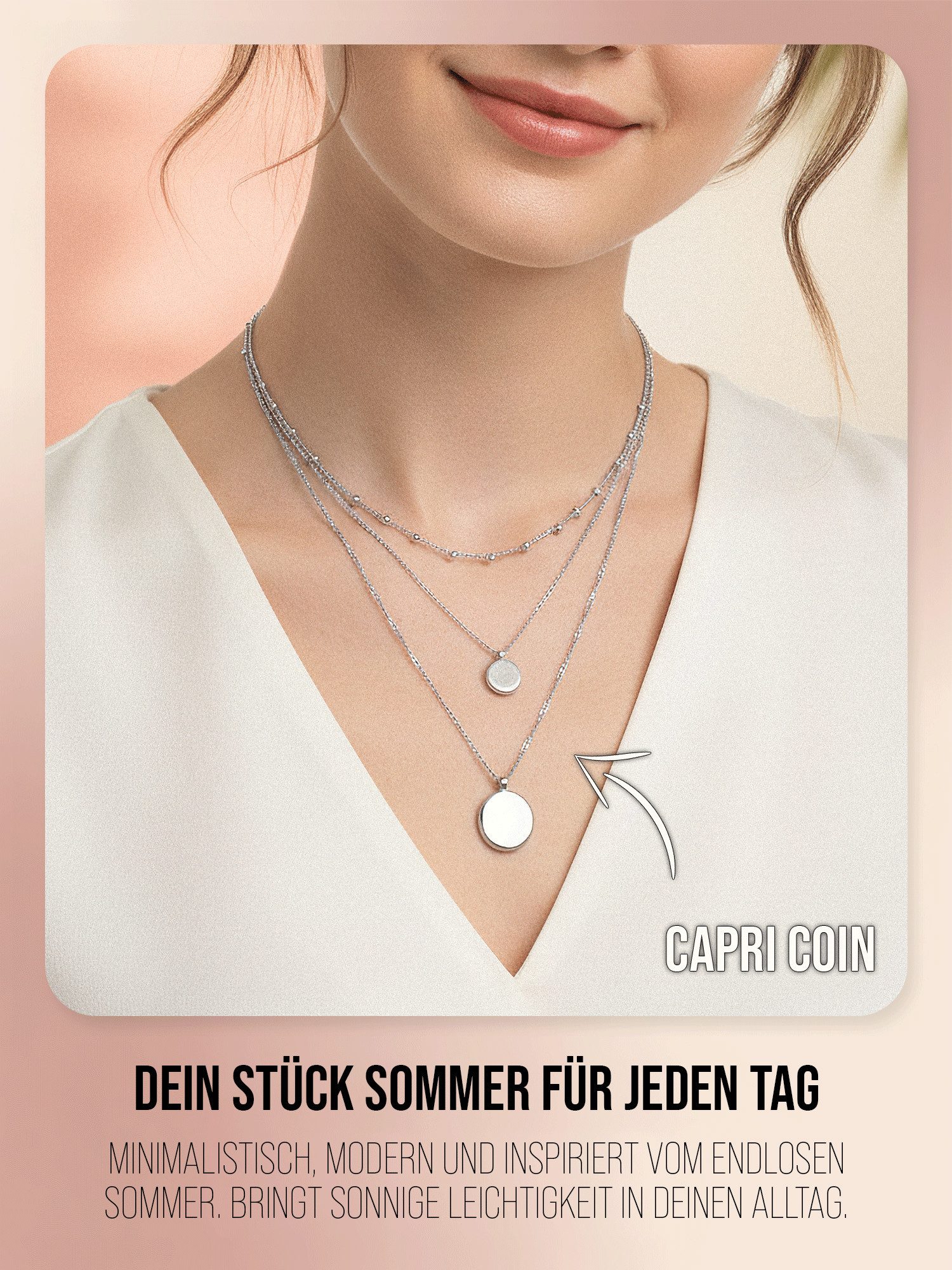 THIORA Ketten-Set Halskette „Capri Coin“ – Dreireihig, Layering, Edelstahl, Verstellbar, dreireihig, Layering-Look, verstellbar, wasserfest, hypoallergen