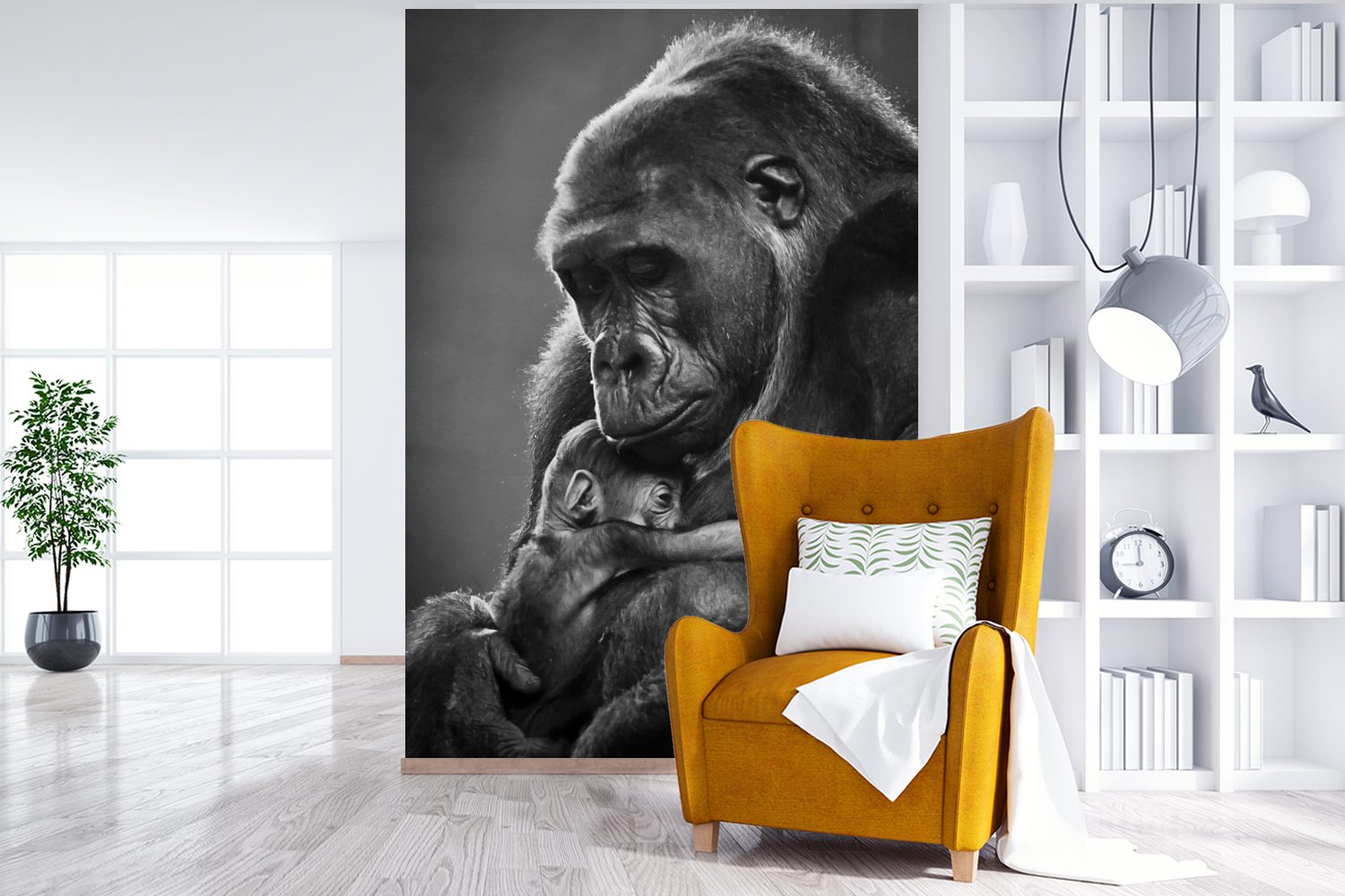 MuchoWow neugeborenen (3 für Schwarz-Weiß-Bild Wandtapete Wohnzimmer, St), Vinyl mit Montagefertig Baby, Matt, einer Fototapete ihrem bedruckt, Tapete Gorillamutter