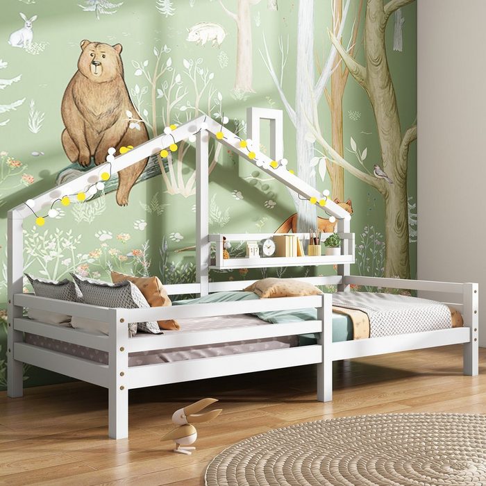 Flieks Kinderbett Massivholz Einzelbett Hausbett mit Ablageregal 90x200cm